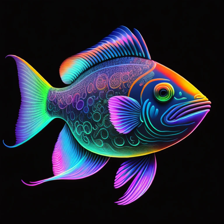 intricate and colorful, (digital painting:1.2) neon fish, bright neon skin, wet, portrait, concept art, octane render, trending on artstation, neon-noir background, iolibt, vfx, Blender and Photoshop, octane render, excellent composition, cinematic atmosphere, dynamic dramatic cinematic lighting, aesthetic, very inspirational, arthouse,(dark plain black background:1.4))