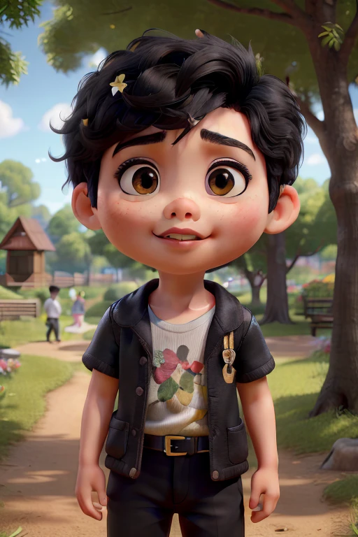 (best quality,4k,8k,highres,masterpiece:1.2),ultra-detailed,realistic,beautiful detailed black eyes,beautiful detailed lips,extremely detailed facial features,2  Asian boy with short black hair playing in the park,many trees and flowers,soft lighting,vivid colors