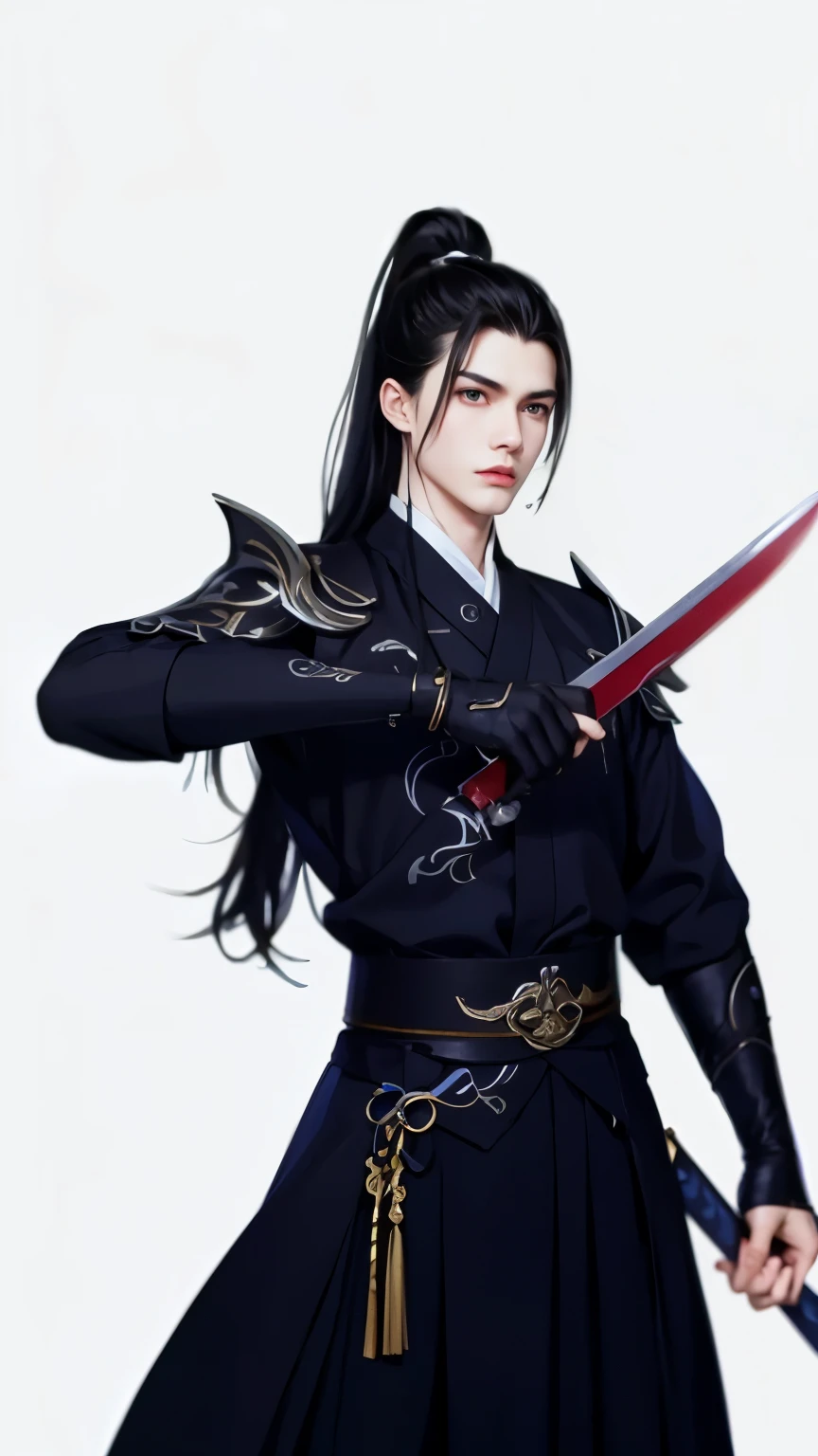 Wallpaper of boy wearing black clothes, Xianxia， The exquisite prince, Handsome guy in the art of slaying demons, Inspired by Bian Shoumin, author：Hero, swordsmen, inspired by Zhao Yuan, shirow masamune，Eye focus，详细的脸，Leather belt，white backgrounid，dynamicposes，（（Narrow sleeves）），swordsman，