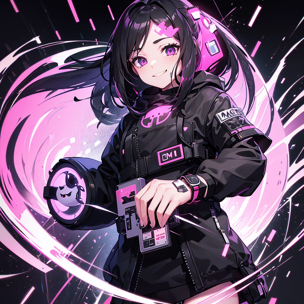 glitch, ssmile, laughter, Eyes, mouth, Watch dogs, Top Quality, 8k quality, black backdrop, Hacker style,breaking, Hack, Hacked, Logo, Without people, demon, Ghost, Black and pink style, ember,