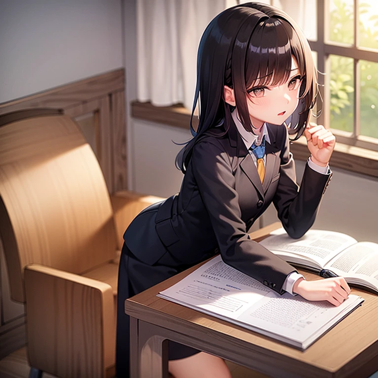masterpiece, best quality, high quality, several people BREAK 1boy, , school uniform, trousers, blue tie, yellow eyes, serious face, (hairstyle: straight), black hair, middle hair, hair over one eye, sleeping at the desk BREAK 1girl, (neko:1.1), maid, long brown hair, (grey eyes:1.1), sitting at desk