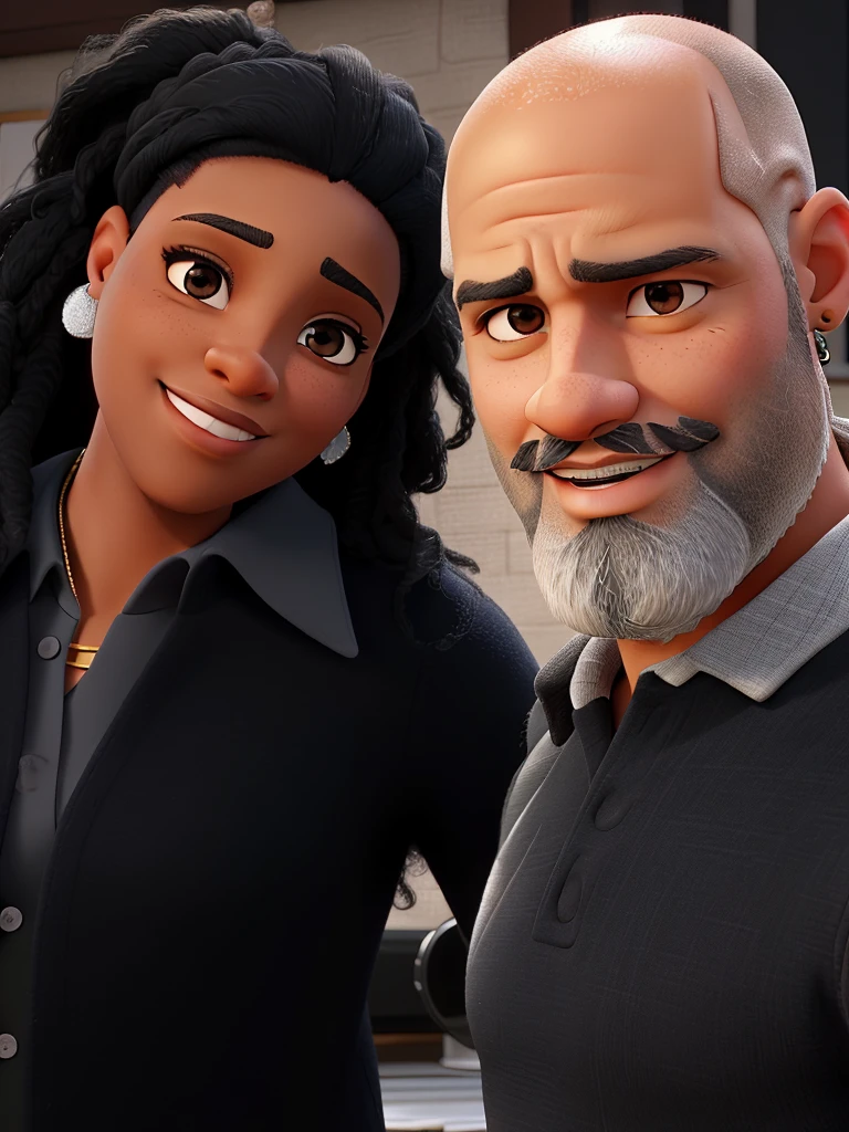 a couple being a bald black man, a slightly gray beard with an earring and the black woman