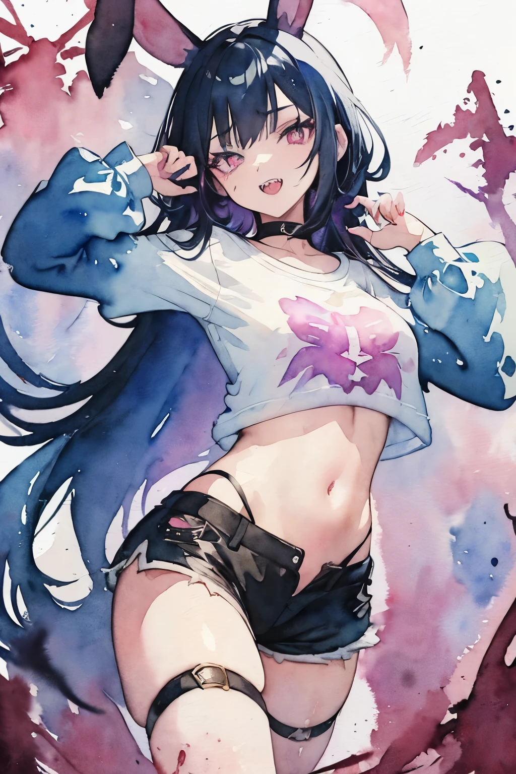 ((masterpiece)), (watercolor drawings:1.6), (sharp teeth, open mouth wide), (small breasts), young girl, long dark blue hair, bunny ears, pink eyes, black lipstick, (makeup black eye shadow), (grin), tshirt, Short shorts, hiquality, (Huge web of spiders in the background)