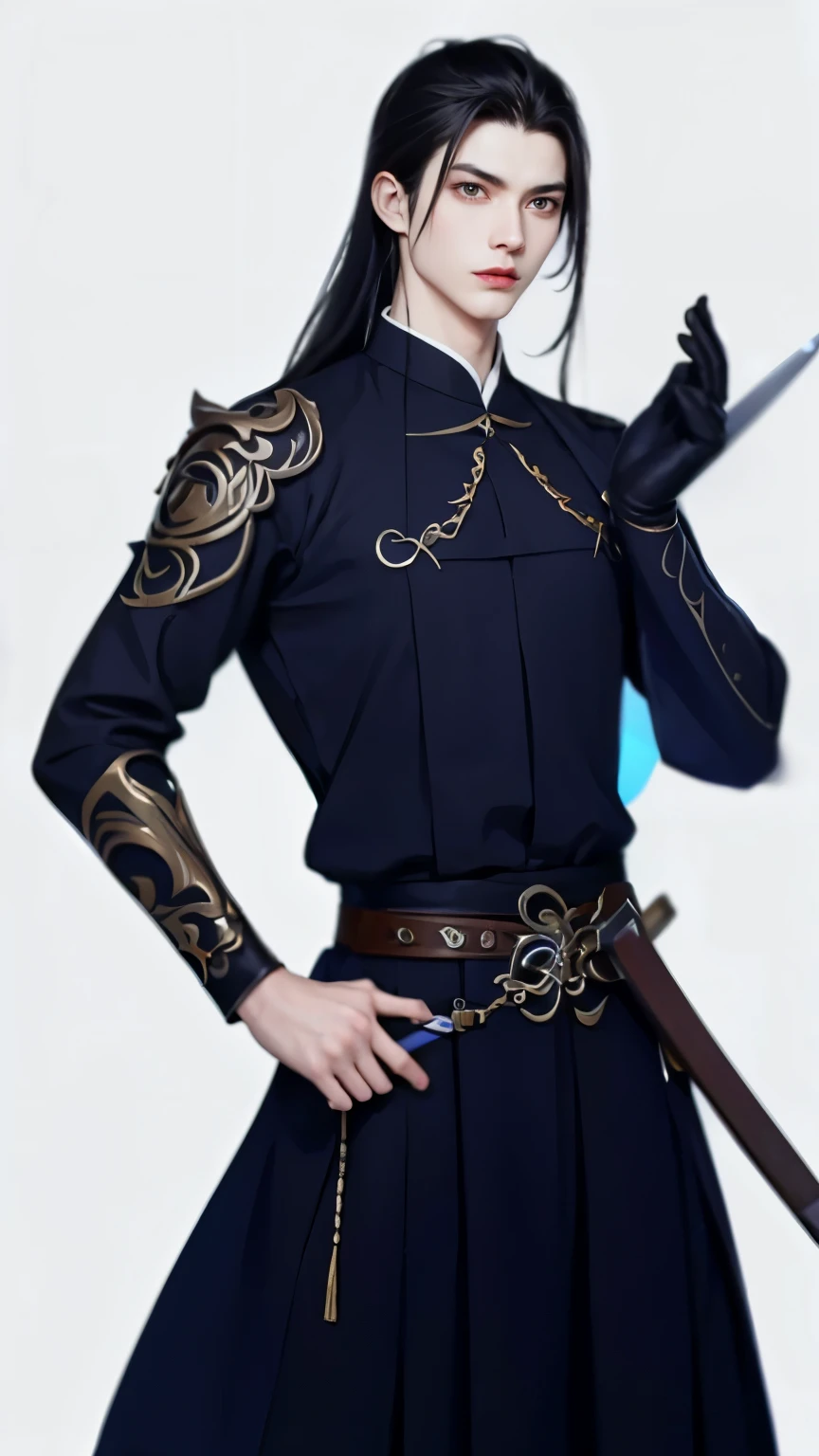 Wallpaper of boy wearing black clothes, Xianxia, The exquisite prince, Handsome guy in the art of slaying demons, Inspired by Bian Shoumin, author:Hero, swordsmen, inspired by Zhao Yuan, shirow masamune,Eye focus,详细的脸,Leather belt,white backgrounid,dynamicposes,((Narrow sleeves)),Sword Man,knight-errant,swordsmen,