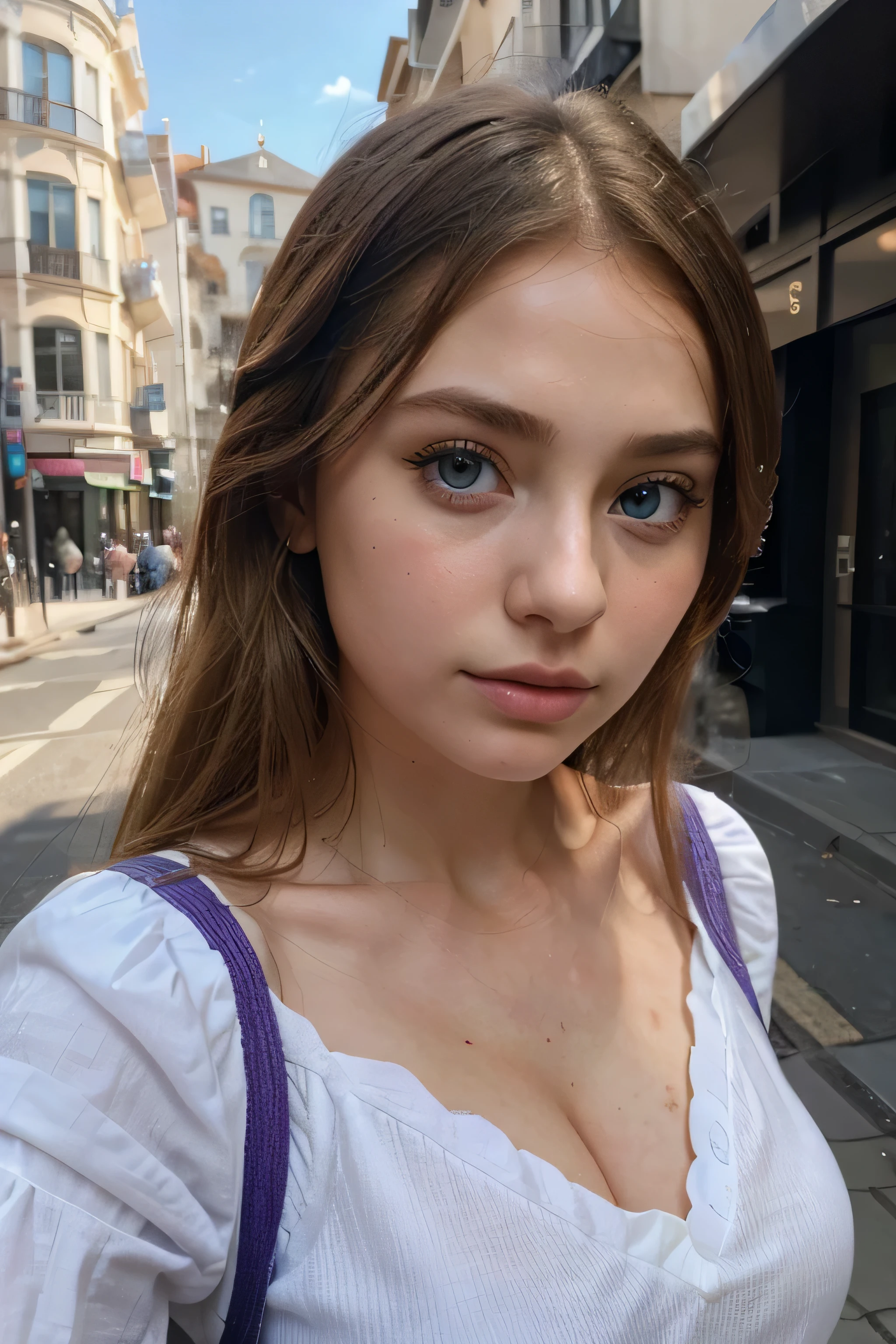 profile photo, Arafed Full Woman, with Blue Eyes, Ultra Realistic, Meticulously Detailed, Portrait of Sophie Mudd, Blonde Hair and Big Eyes, Selfie of a Young Woman, Violet Myers, No Makeup, Natural Makeup, Looking Directly at the Camera, face artgram, subtle make-up, In the street, Medium and large size chest, allowing the face to be seen clearly, portrait