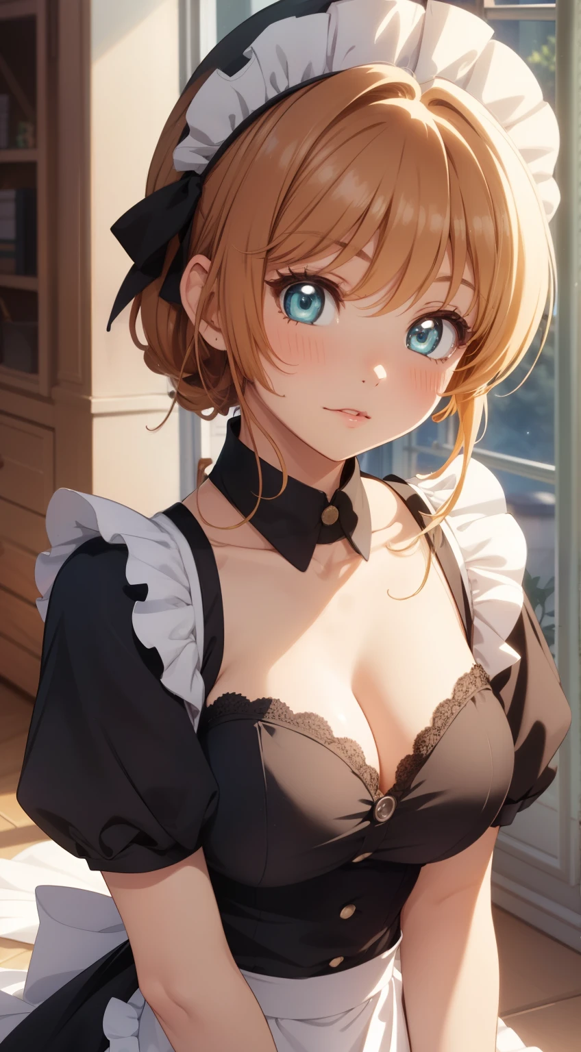 masterpiece, best quality, highres, perfect pixel, depth of field, 1girl, single, solo, beautiful anime girl, beautiful artstyle, (beautiful eyes), (detailed face), (blush), anime CG style, (medium breasts), good lighting, perfect body, lips parted, (sakura kinomoto), glossy lips, (maid), cleavage, high heels