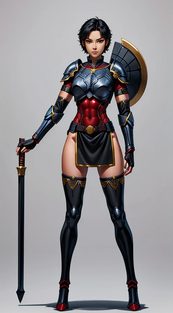 no background, background clean, standing character full body, amazon warrior female, pretty face, charming face, short black hair, armor knight red, perfect slim body body