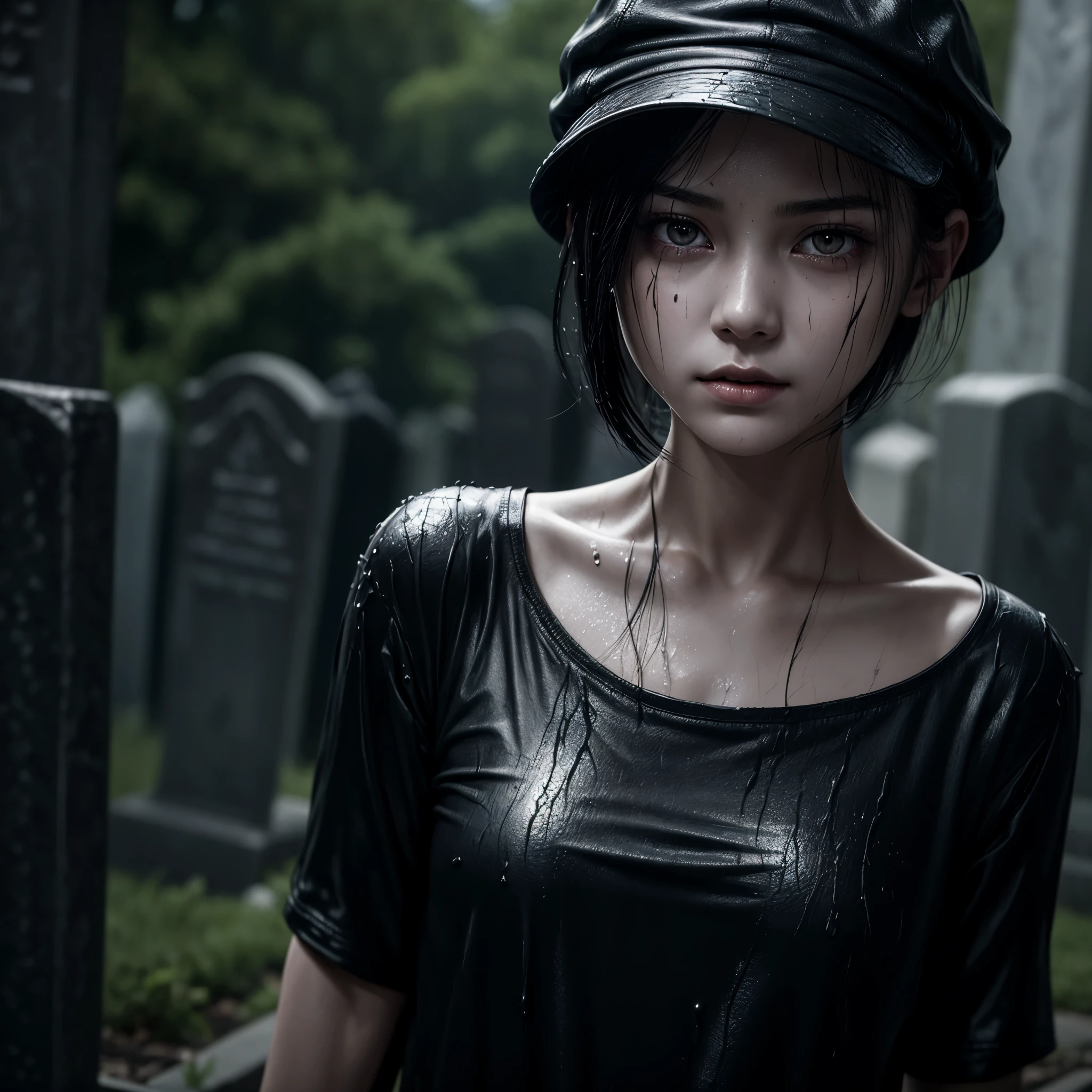 1 girl, solo, wet skin, sinister, female, thin, pale, looking at the camera, ultra realistic, fully detailed, cemetery environment, bright eyes, black shirt,   putrid wounds, , terrifying, bruised by the body, \ slight smile, super detailed, black short hair, black cap, upper body,