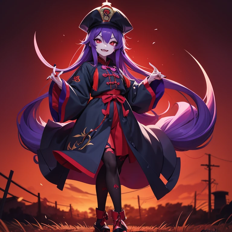 Anime style image of a Jiangshi girl with purple skin and hair, red eyes, very sharp teeth and long red nails, standing in a field at night