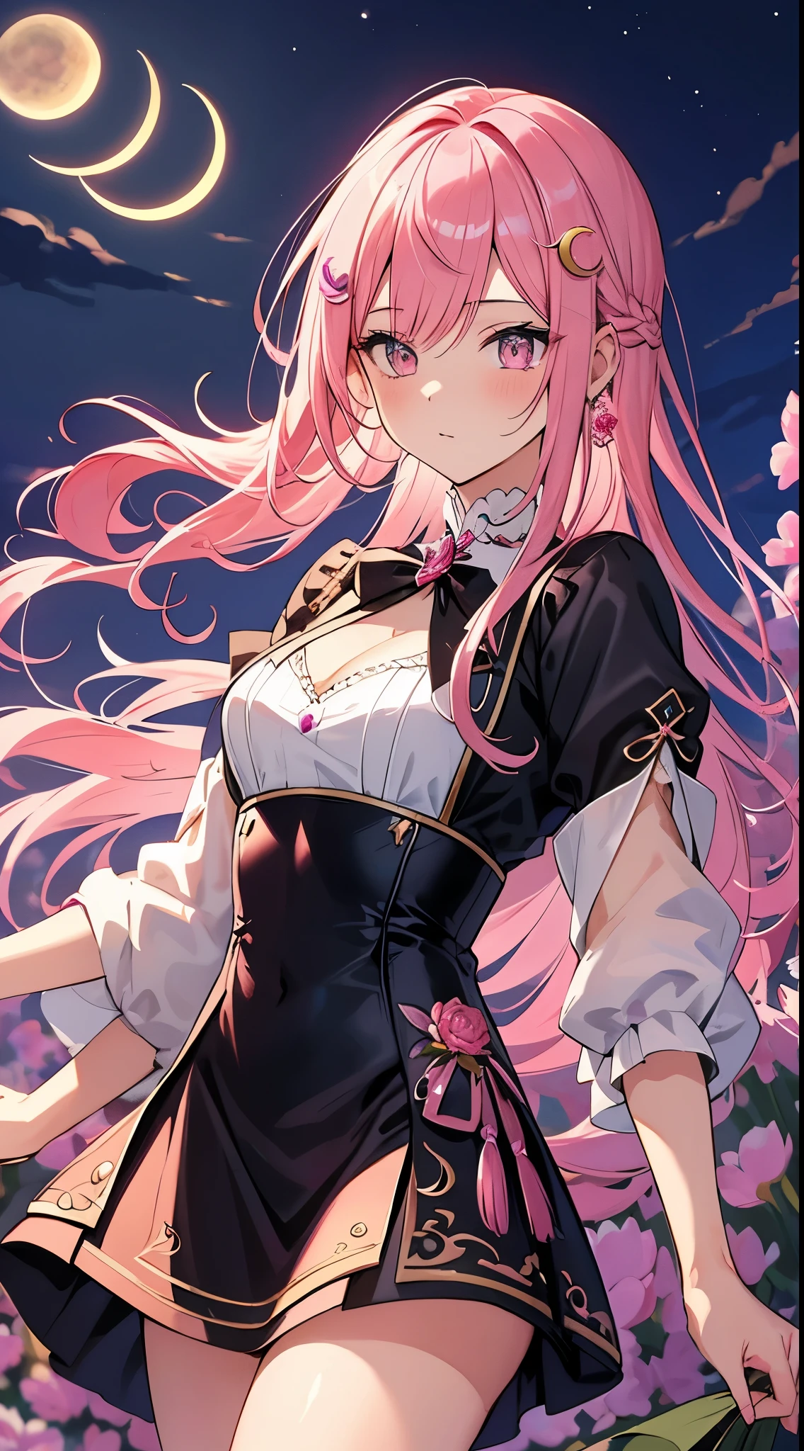 [masterpiece, ultra-detailed, highest quality] pink hair, straight hair, lace braid ponytail, medium hair sapphire eyes, slim body, tulip gardens, nighttime, masterpiece, mage outfit, crescent moon hairpin