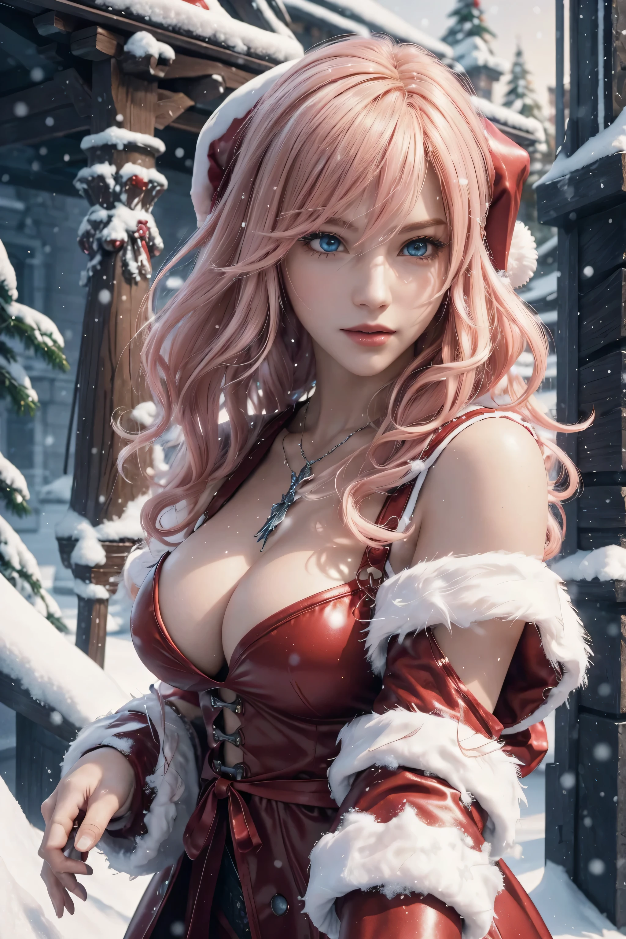 The best piece,Artistically beautiful,Lightning,Final Fantasy 13,FF1 pink blonde,Medium Hair,Light permed hair,Curly hair on one side,Letting down your bangs,A beautiful Blue eyes,beautiful and high nose,Red Santa Claus costume,Santa Claus hat,christmas armor,christmas sword,red santa claus coat,Use blizzard magic,An ultra-high picture quality,hightquality,masterpiece,Digital SLR,Detailed details,Intricate details,Based on anatomical grounds,Depicted in detail,Detailed face,realistic skin textures,Vivid details,perfect anatomia,perfect anatomia,Anatomically correct hand,Anatomically correct fingers,Super Detail,Complex 3D Rendering,Colossal tits,sexy pose,bright red claws,beautiful christmas,final fantasy cityscape,Fantasy worldview,Gorgeous Christmas Tree,white Christmas,neon color,Beautiful cityscape,mysterious snow scene,It's snowing,,Picturesque beauty,Photograph the whole body,9 head body,Red Lip,Beautiful curly hair,Luxurious necklace,emphasize the beautiful whole body,Beautiful nails,A smile,