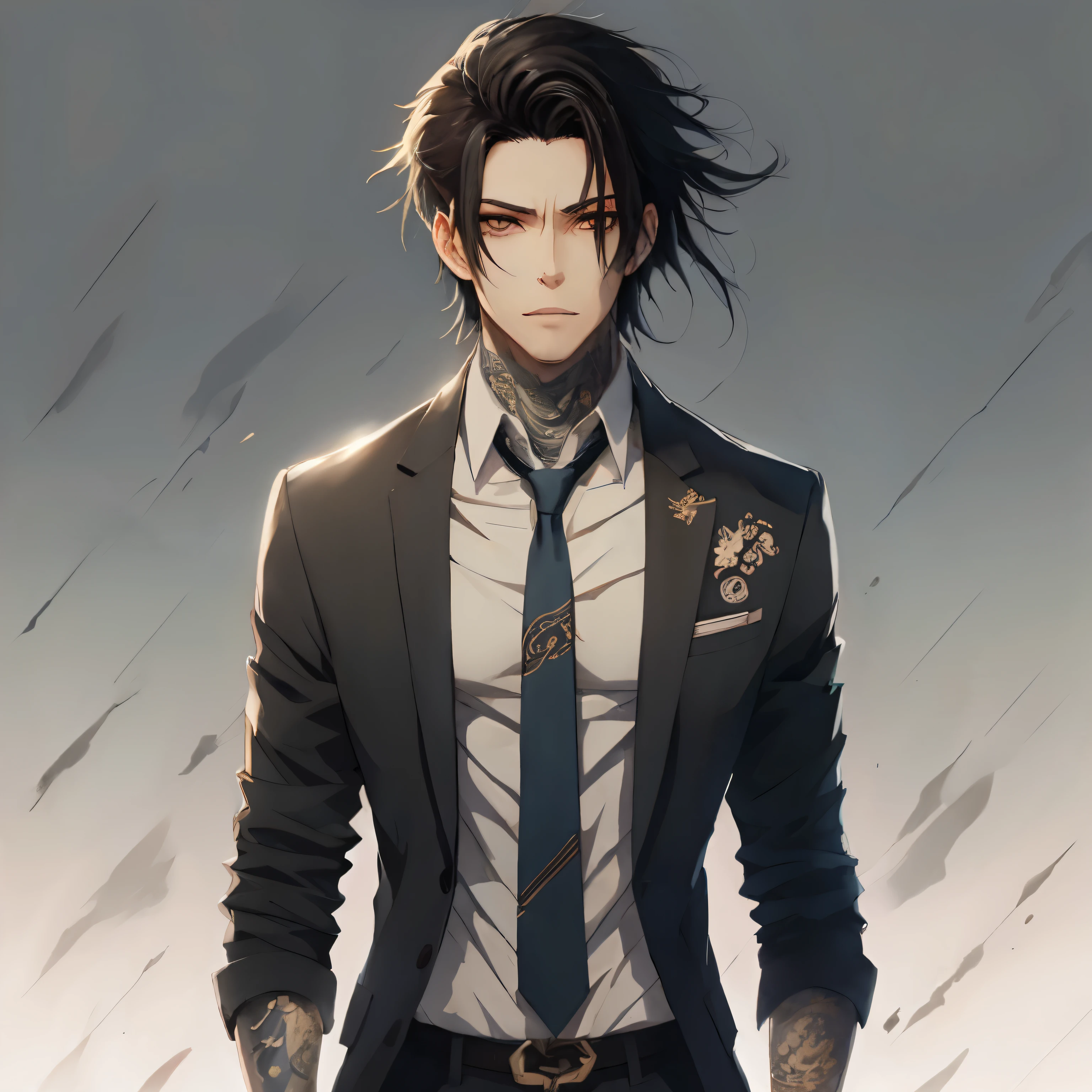 cara de anime de terno e gravata parado na chuva, cara bonito na arte demon slayer, homem bonito anime, badass anime 8 k, handsome japanese demon boy, Gatilho Estilo de Arte de Anime, pose de anime bonito, Retrato anime de um homem bonito, Kazuya Tsurumaki, inspirado em Okumura Masanobu, arte detalhada do personagem de anime