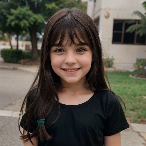 Palestinian white girl child with long brown hair and bangs and green eyes wearing a black shirt with short sleeves smiling