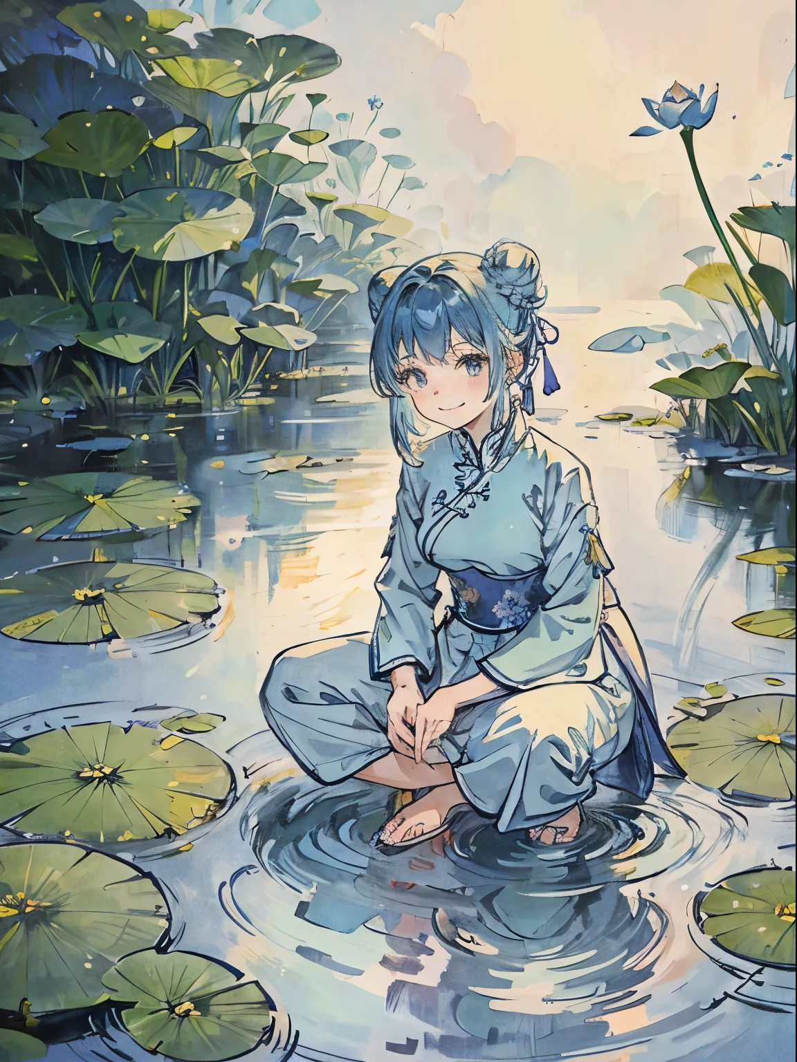 Women in Their 20s、lightblue hair、Hairstyle is a bun on the left and right、Wearing Ao Dai、squatting、there is a small pond(Lotus flowers are floating)、Smile