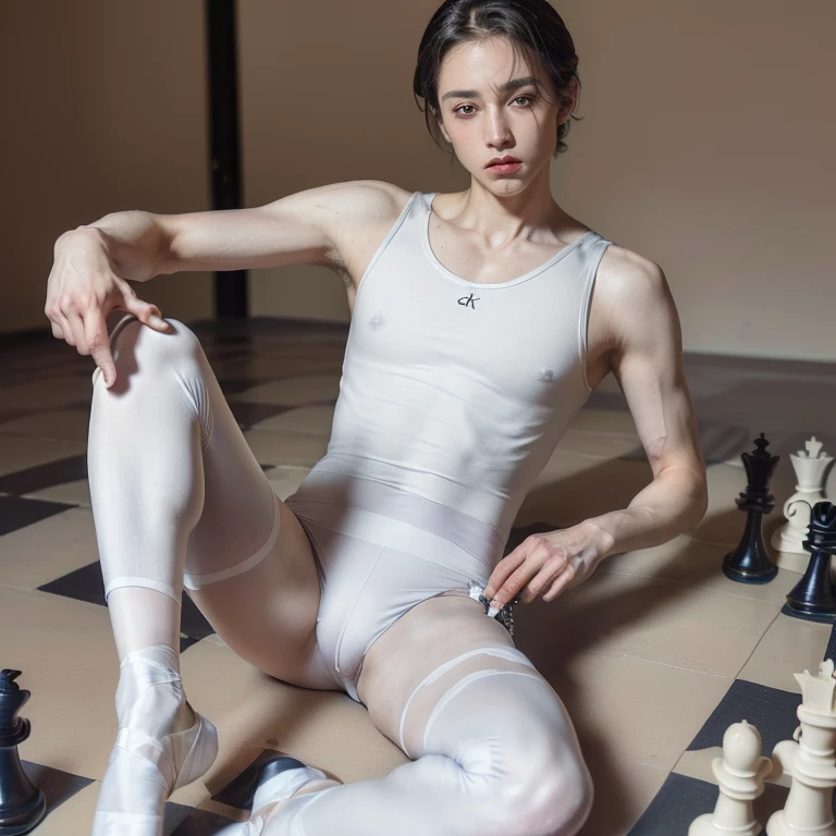 (4k, best quality, masterpiece, photo, beautiful eyes, ballet tights, crotch bulge, ballet style, looking at viewer:1.35), (androgynous male, chess ballet, checkmate, you played white and lost, your white king will be castrated because you failed, groin pain:1.5)
