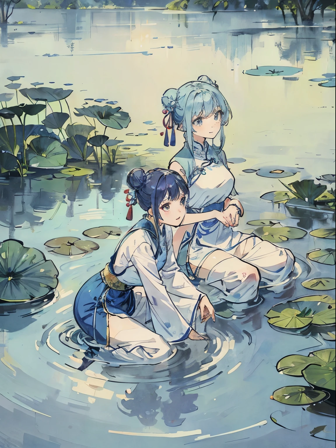 Women in Their 20s、lightblue hair、Hairstyle is a bun on the left and right、Wearing Ao Dai、squatting、there is a small pond（Lotus flowers are floating）、Smile