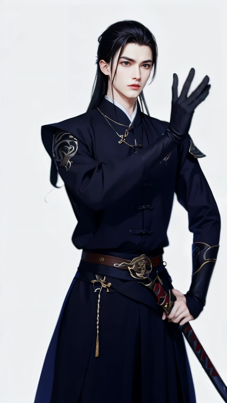 Wallpaper of boy wearing black clothes, Xianxia, The exquisite prince, Handsome guy in the art of slaying demons, Inspired by Bian Shoumin, author:Hero, swordsmen, inspired by Zhao Yuan, shirow masamune,Eye focus,详细的脸,Leather belt,white backgrounid,dynamicposes,((Narrow sleeves)),Sword Man,knight-errant,swordsmen,
