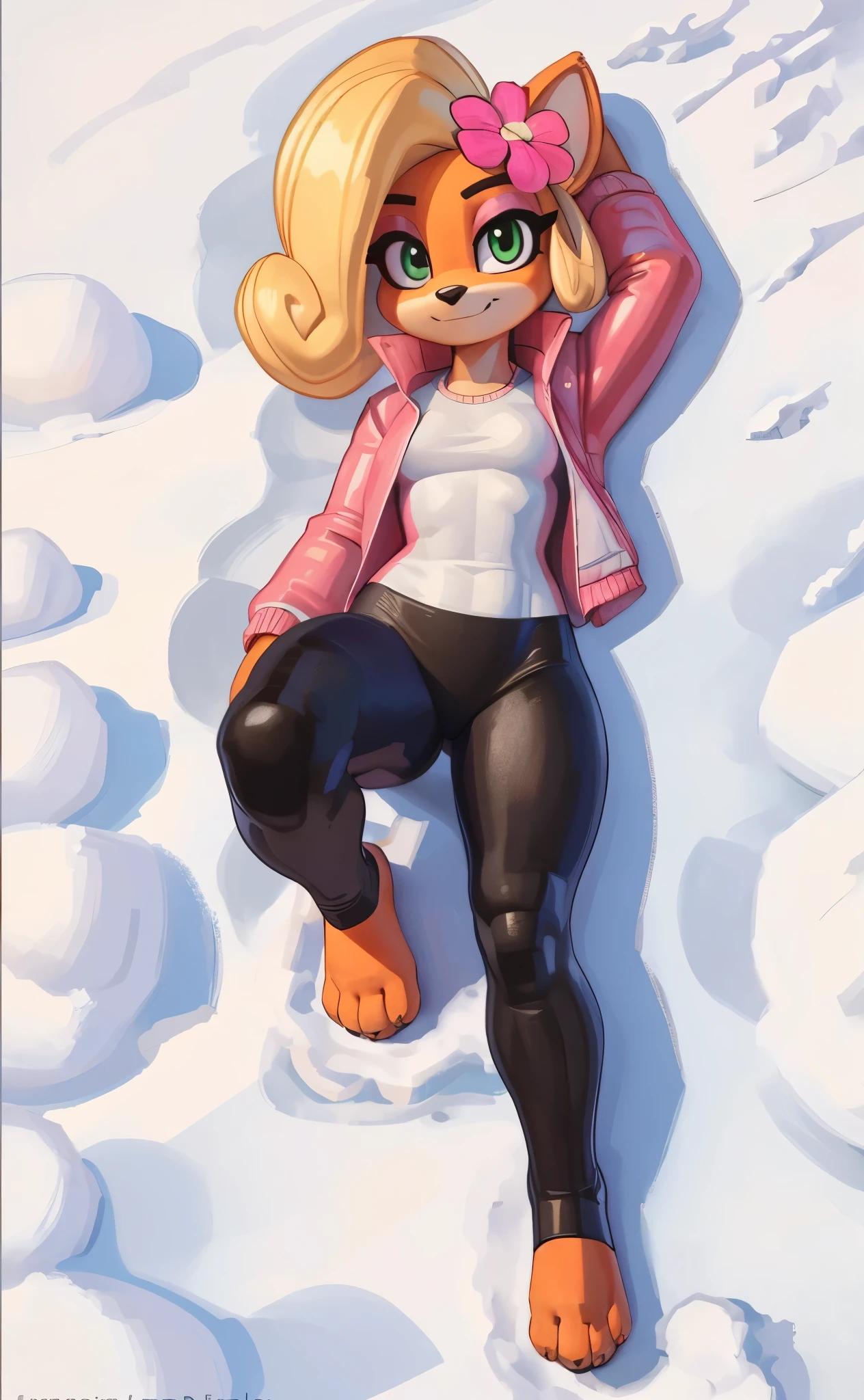 [Coco bandicoot], [Uploaded to e621.net; (Pixelsketcher), (wamudraws)], ((masterpiece)), ((HD)), ((solo portrait)), ((full body)), ((bird's-eye view)), ((furry; anthro)), ((detailed fur)), ((detailed shading)), ((beautiful render art)), ((feet visible)), ((intricate details)), {anthro; orange fur, black nose, (cute green eyes), (short eyelashes), (pink eyeshadow), blonde curly hair, curly ponytail, (curvy hips), (beautiful legs), (beautiful feet), (cute smirk)}, {(white shirt), (pink winter jacket), (tight black spandex yoga pants pink lines), (white socks), (pink flower on head)}, {(on snow), (laying on back), (looking at viewer)}, [background; (tropical forest), (snow), (beaten pathway), (blue sky), (cloudy)]