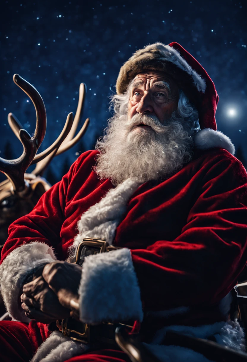 “realistic elderly man with beard, Santa Claus, night sky,, sharp, detailed face, he is on a sleigh with reindeers, photograph, shallow depth of field, haze, night sky, volumetric lighting, photo taken with provia, 24mm, f1.8,david lazar,