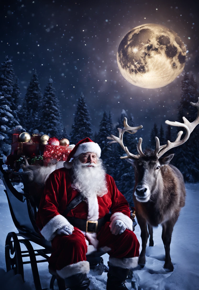 “realistic elderly man with beard, Santa Claus, night sky,, sharp, detailed face, he is on a sleigh with reindeers, photograph, shallow depth of field, haze, night sky, volumetric lighting, photo taken with provia, 24mm, f1.8,david lazar,
