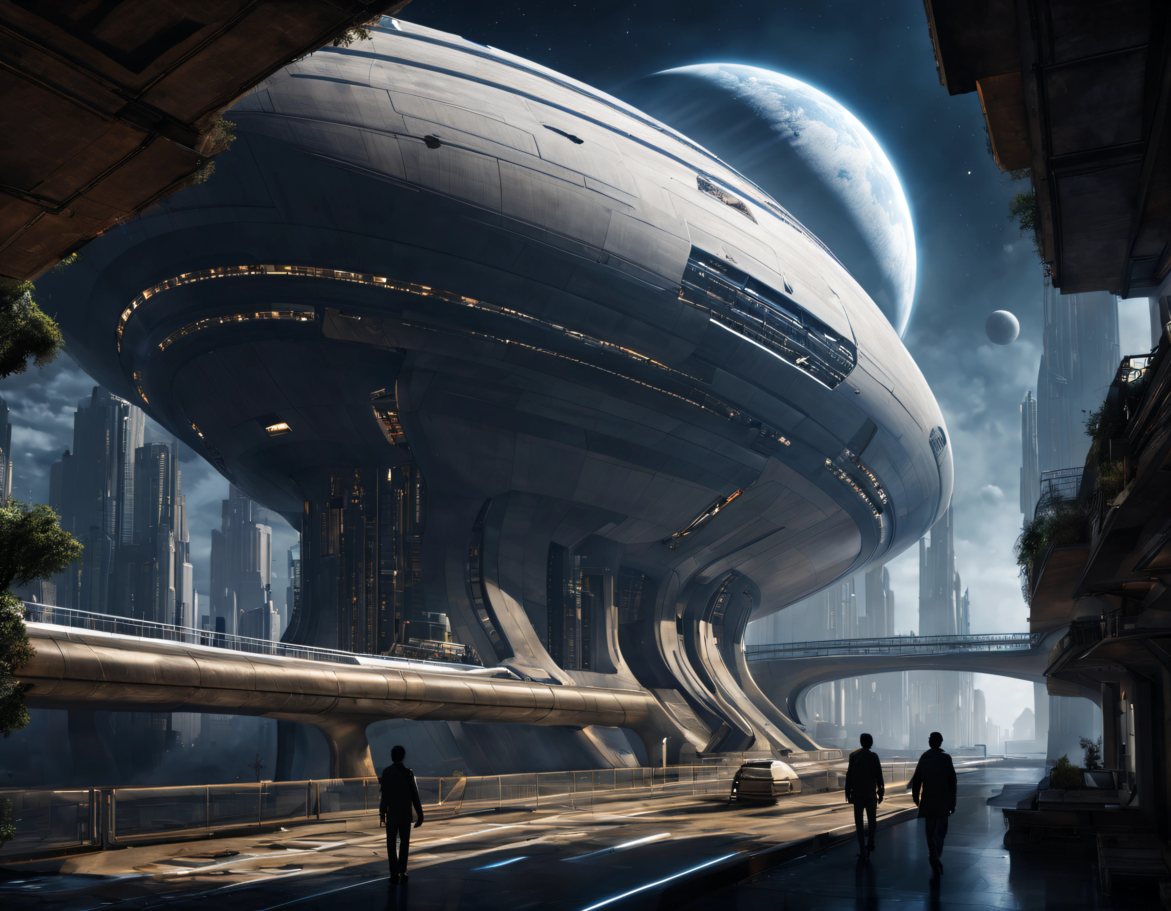 tripulantes de una nave intergalactica minera se posiciona en un planeta, con un nucleo urbano muy antiguo, pero con un pasado claramente tecnologico, con inmensos edificios en un pesimo estado de conservacion y completamente deshabitada. dos tripulantes inspeccionan la ciudad en un ambiente lugubre y iluminado por luz lunar, todo esto en un entorno de ciencia ficcion de primer nivel, ,todo lleno de imaginacion,ciencia ficcion y (intrincados detalles de la maquina).imagen fotorrealista,nitidez maxima, calidad 8k.(obra maestra de calidad superior).(renderizado 3d). obra maestra de superior calidad.