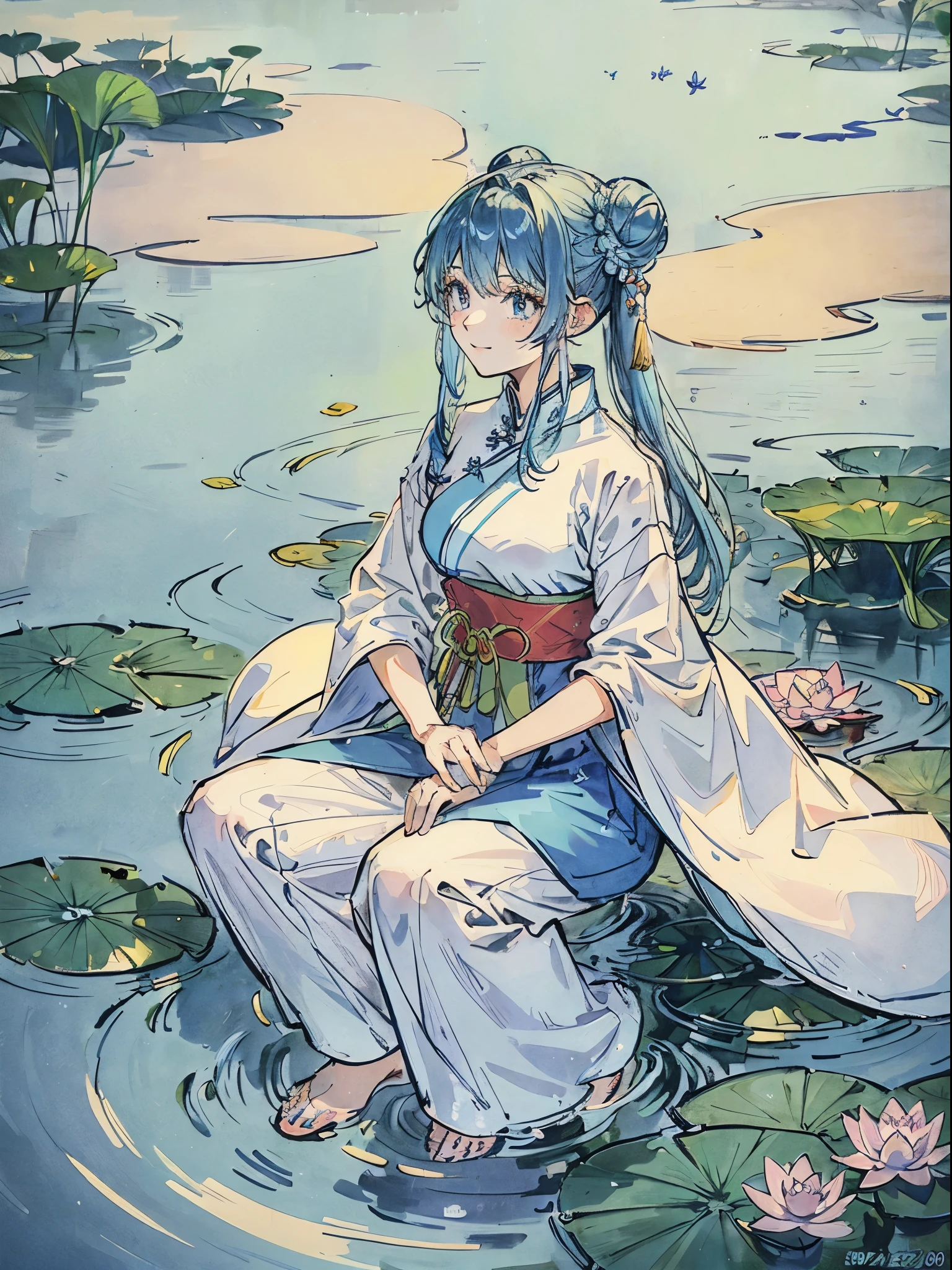 Women in Their 20s、lightblue hair、Hairstyle is a bun on the left and right、Wearing Ao Dai、squatting、there is a small pond（Lotus flowers are floating）、Smile