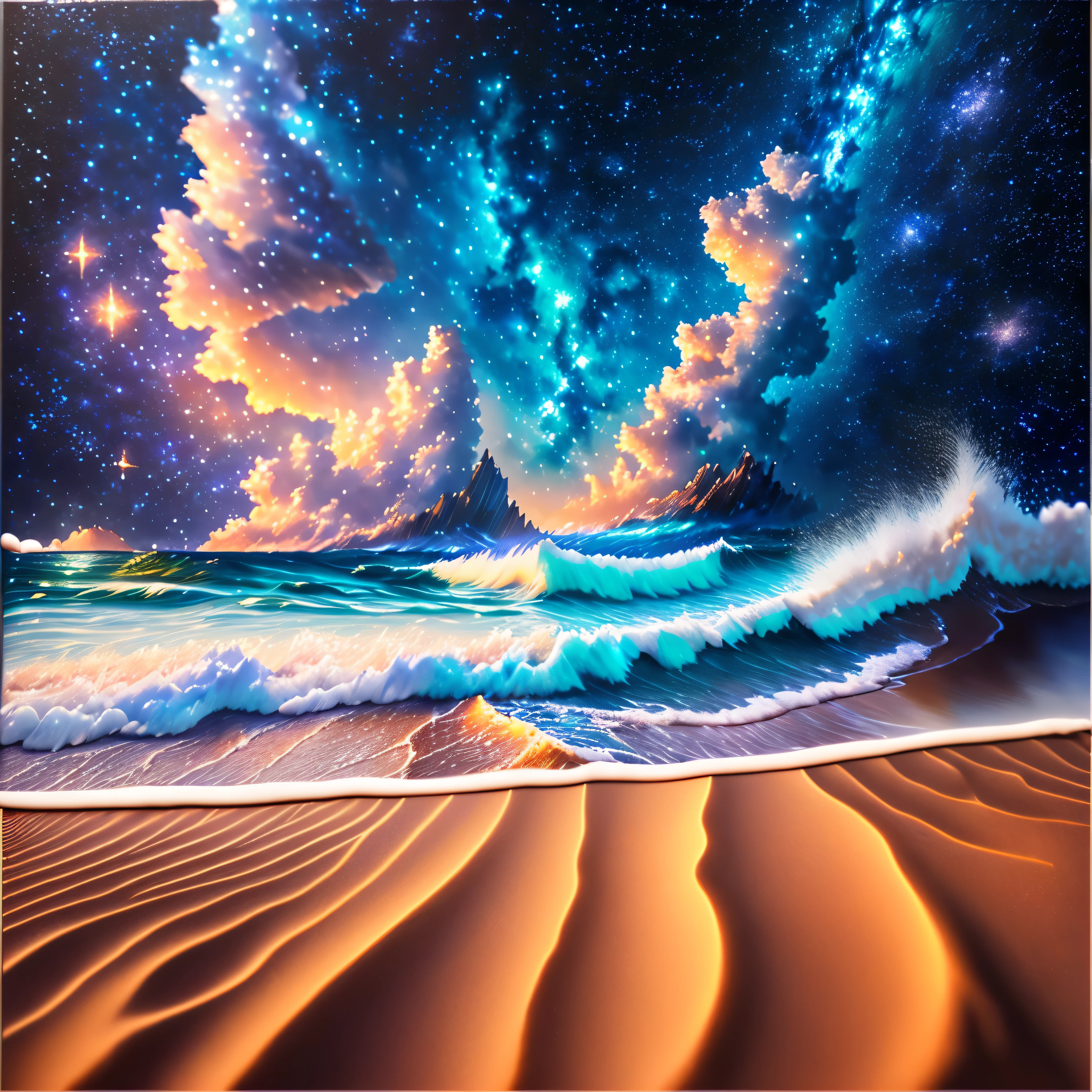 best quality,4k,8k,highres,masterpiece:1.2),ultra-detailed,(realistic,photorealistic,photo-realistic:1.37),HDR,UHD,studio lighting,ultra-fine painting,sharp focus,,extreme detail description,professional,vivid colors,bokeh,seaside,calm waves,soft sand,glistening stars,milky way.