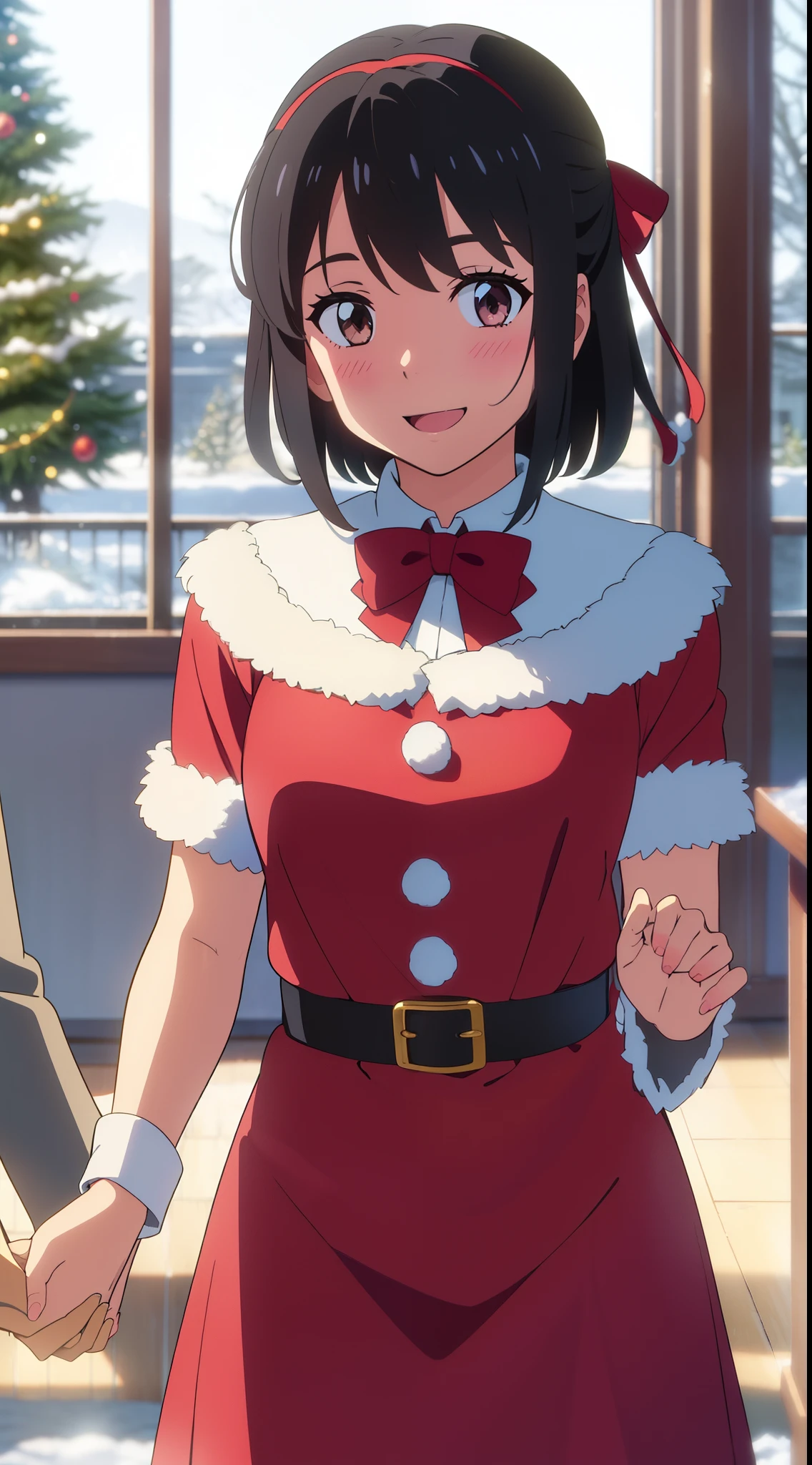 shinkai makoto, kimi no na wa., 1girl, 1boy, bangs, black hair, blush, bright eyes, brown eyes, looking at the viewer, red bow, red headband, red ribbon, short hair, indoors, shiny skin, smile, cute, open mouth, love, couple, adorable, happy, beautiful, parfect anatomy, perfect hands, Christmas tree, Santa Claus costume, Sweet face, girl with red christmas dresses, Against the background of winter scenery, perfect hands, snow, steam, dating, (holding hands)