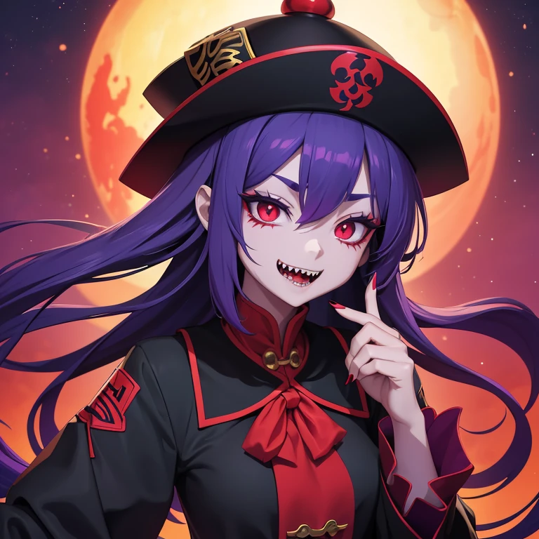 Anime style image of a Jiangshi girl with purple skin and hair, red eyes, very sharp teeth and long red nails. She is in a field at night, her clothes are stained with blood.