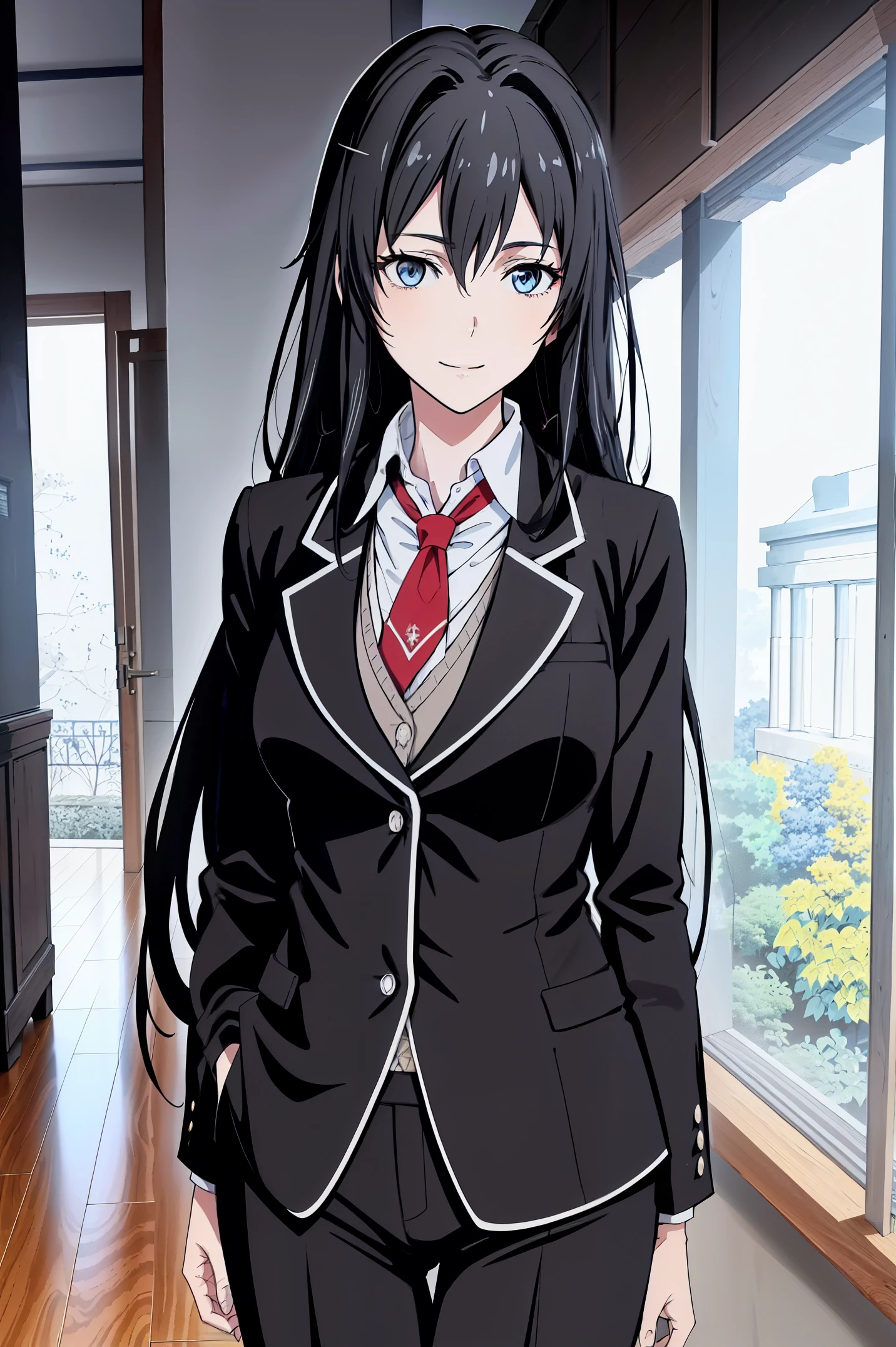 Yukinoshita yukino ,woman in formal attractive tailcoat standing in a large alcove in the room , 1girl, solo, blue necktie, black hair, blue eyes, long hair, smile , collared shirt, white pants, white shirt , tailored tailcoat elegant , standing in front of a window ,tailcoat tailored to perfection. Featuring striking Victorian theme and crafted from the lustrous fabric