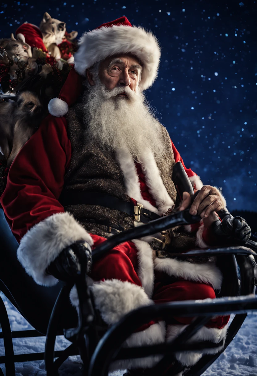 “realistic elderly man with beard, Santa Claus, night sky,, sharp, detailed face, he is on a sleigh with reindeers, photograph, shallow depth of field, haze, night sky with bethlehm star, volumetric lighting, photo taken with provia, 24mm, f1.8,david lazar,