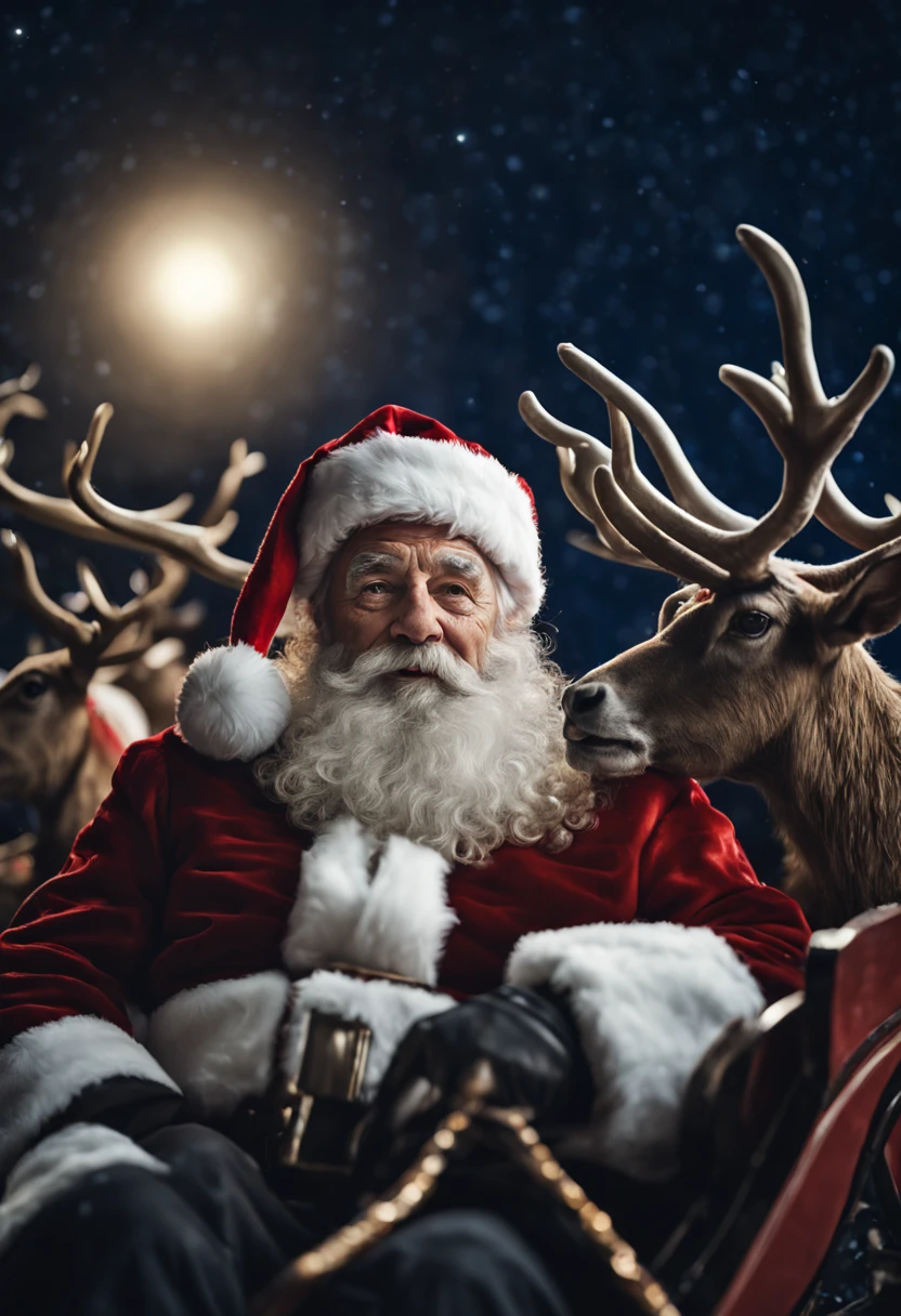 “realistic elderly man with beard, Santa Claus, night sky,, sharp, detailed face,  he is on a sleigh with reindeers,  photograph,   shallow depth of field, haze,  night sky with bethlehm star, volumetric lighting, photo taken with provia, 24mm, f1.8,david lazar,