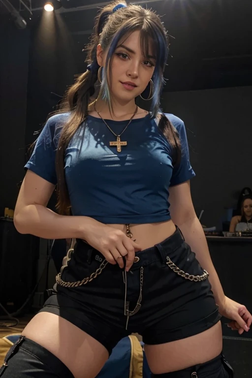 Premium Quality, Masterpiece, Ultra High Definition, (Photorealism: 1.4), RAW Photo, (Full Body Shot), Lovely Smiling Girl, ((Playing Electric Guitar on Live Stage)), (Dynamic Pose), Hair Long, (Blue Ombre Hair), (2 Ponytails), Bangs, Cross Pendant Necklace, Earrings, (Elegant Rocker, Blue Lace Ruffles): 1.5, , Colorful Live Lighting, Spotlights, (Curvy Woman Figure), (tall woman), (woman is wearing an oversized blue t-shirt), (woman is wearing black cargo pants), (woman is wearing combat boots), (woman is wearing chains)
