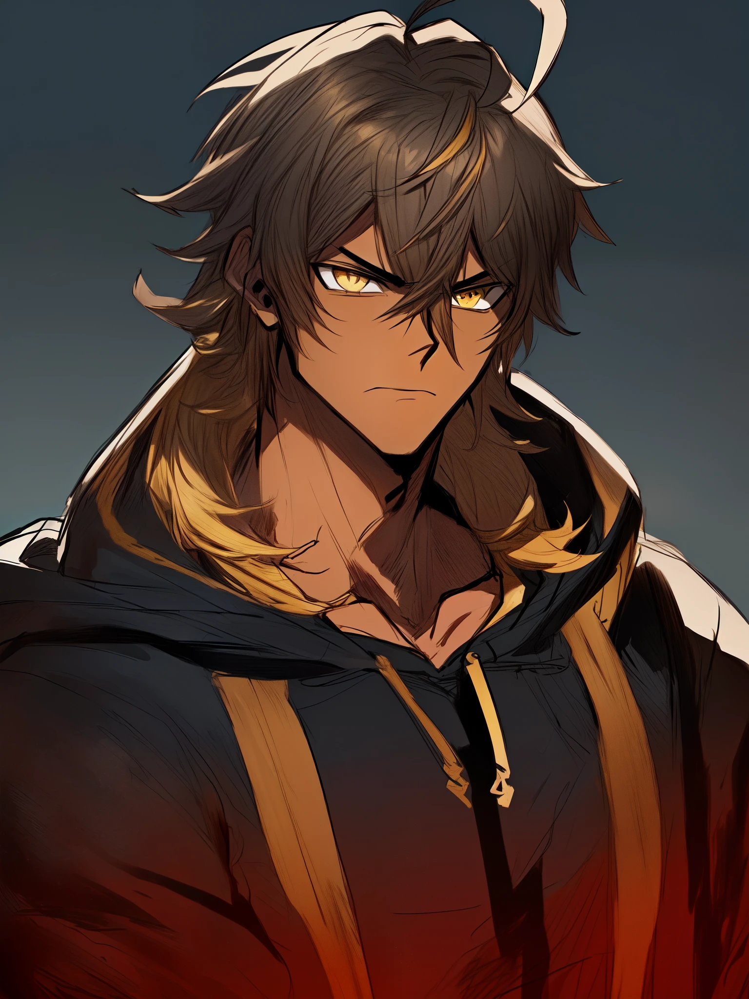 ((blacksmith)), ((ahoge)), portrait, ((dark skin)), ((street clothelack hoodie)), ((male)), ((serious expression)), ((bright golden hair)), ((short wild hair)), ((mature male)), ((complementary colors)),1boy, beautifully drawn, high resolution illustration, best quality, High definition, ((detailed anime sketch)), Masterpiece, (solo), absurdres, detailed background, fine detail, male focus, HDR,