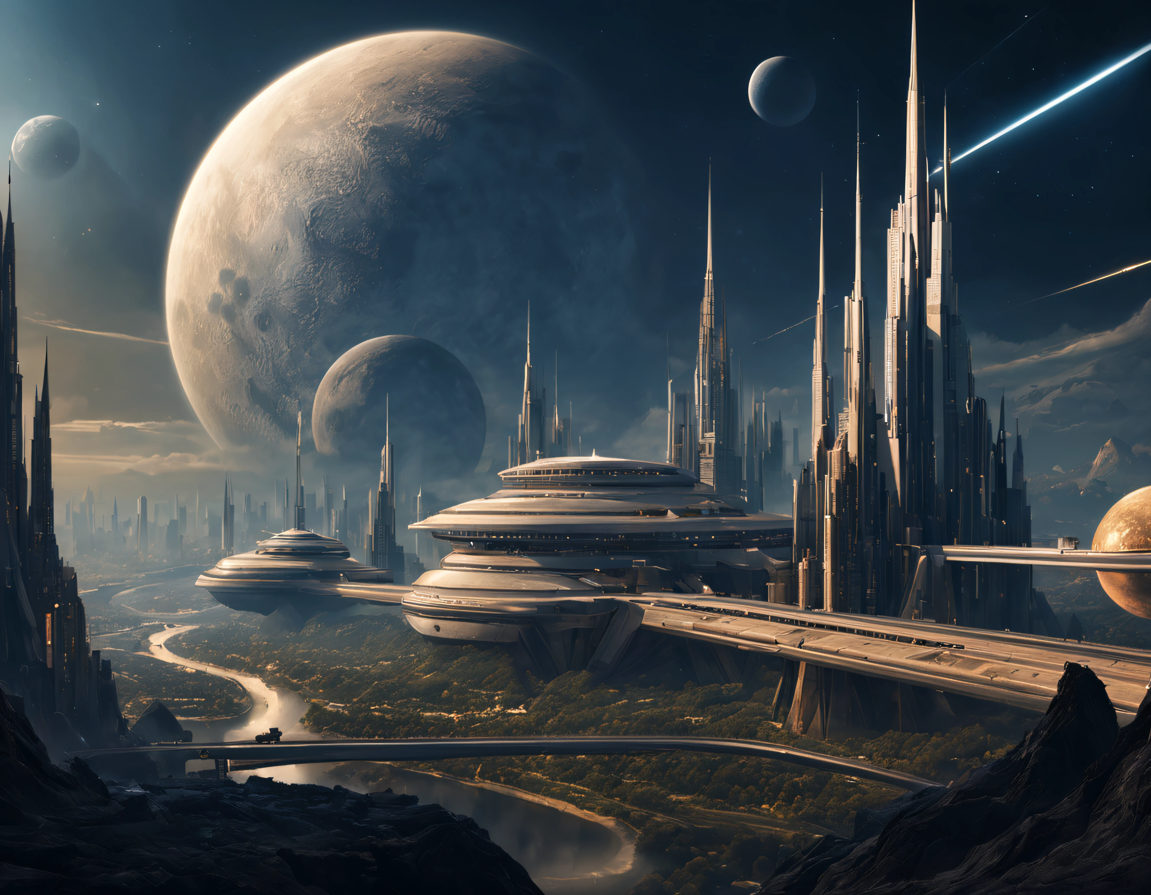tripulantes de una nave intergalactica minera se posiciona en un planeta, con un nucleo urbano muy antiguo, pero con un pasado claramente tecnologico, con inmensos edificios en un pesimo estado de conservacion y completamente deshabitada. dos tripulantes inspeccionan la ciudad en un ambiente lugubre y iluminado por luz lunar, todo esto en un entorno de ciencia ficcion de primer nivel, ,todo lleno de imaginacion,ciencia ficcion y (intrincados detalles de la maquina).imagen fotorrealista,nitidez maxima, calidad 8k.(obra maestra de calidad superior).(renderizado 3d). obra maestra de superior calidad.