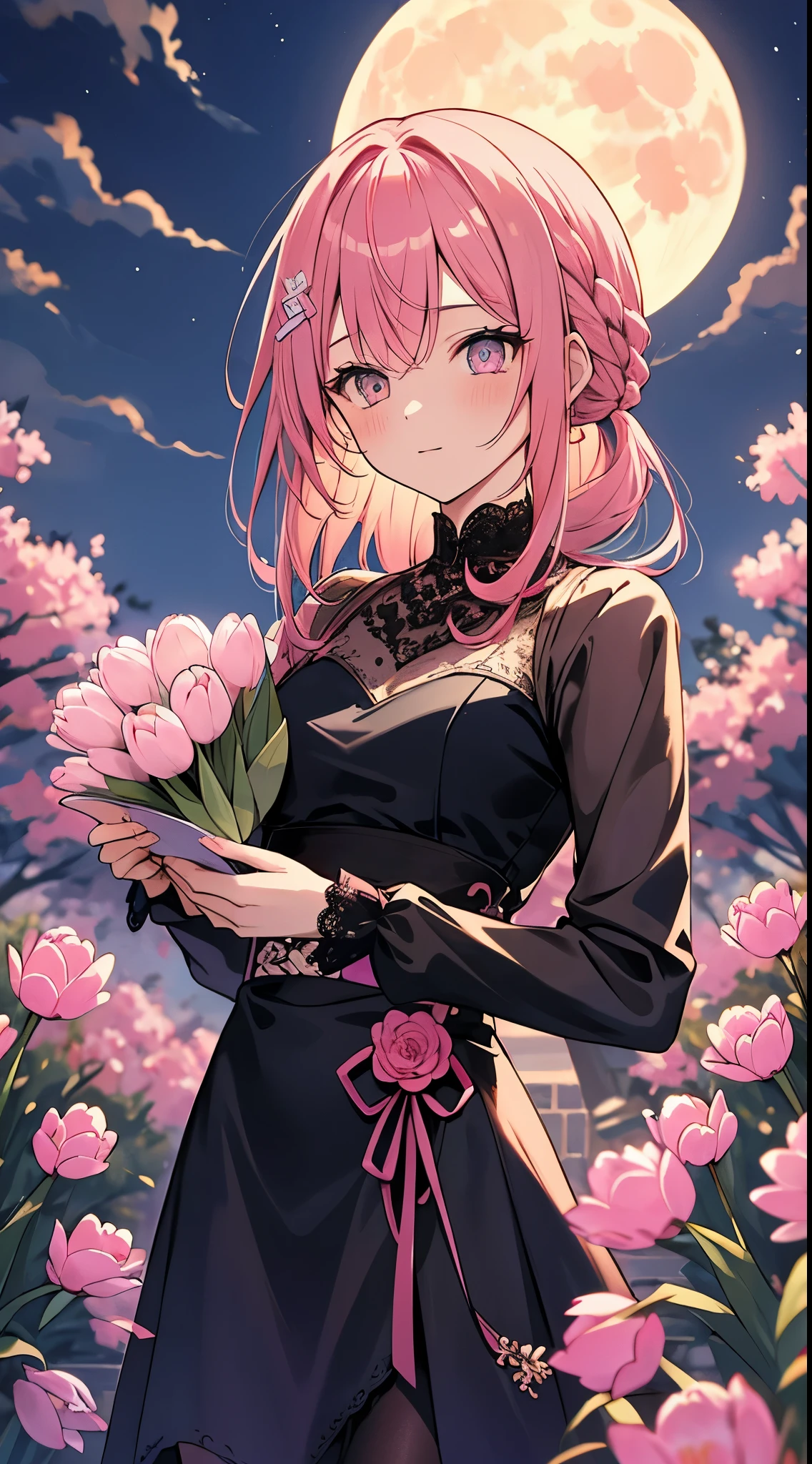 [masterpiece, ultra-detailed, highest quality] pink hair, straight hair, lace braid ponytail, medium hair sapphire eyes, slim body, tulip gardens, nighttime, masterpiece, mage outfit, full moon hairpin