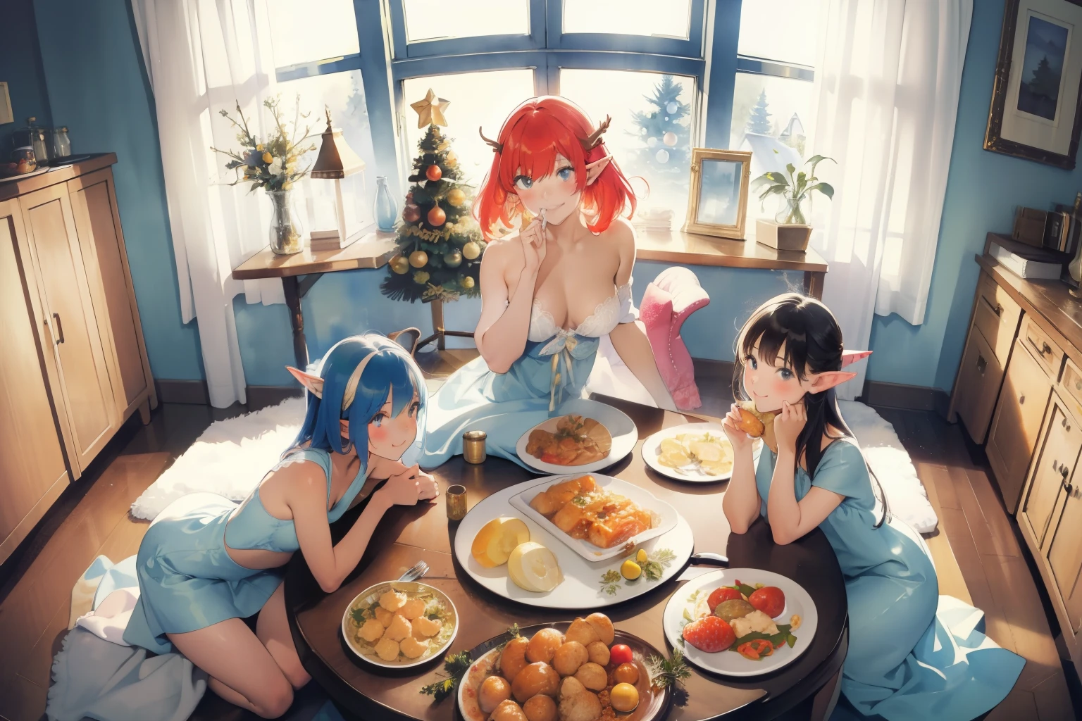(masterpiece, best quality), (low table full of dishes, plenty of dishes, stacks of food), room, 3girls, young teen, petite, (elf ears:1.0), naked, white panties, white bra, closeup, smile, eating, (sitting on floor), by a low table, (a giant pile of food on low table), look away, front view, view from above, big window, christmas tree, cozy, wide angle, fisheye, vibrant colors, bright, white, watercolor