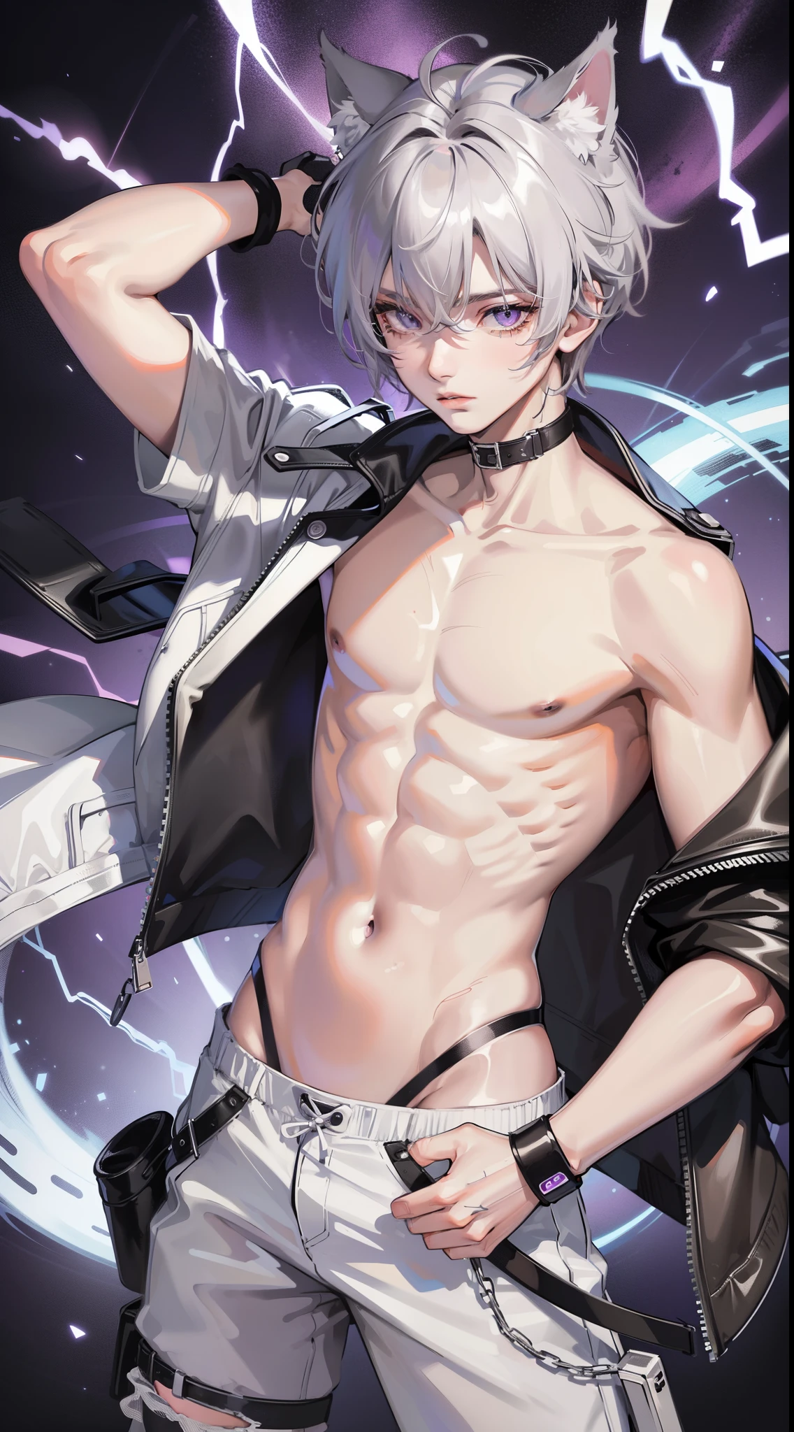 young boy, Gray tousled hair, violet eyes, cat ears, Lots of scars, Lots of lightning strikes, open torso, Body straps, Sleeveless, white baggy pants, Masterpiece, hiquality, high detail, HD, 4k