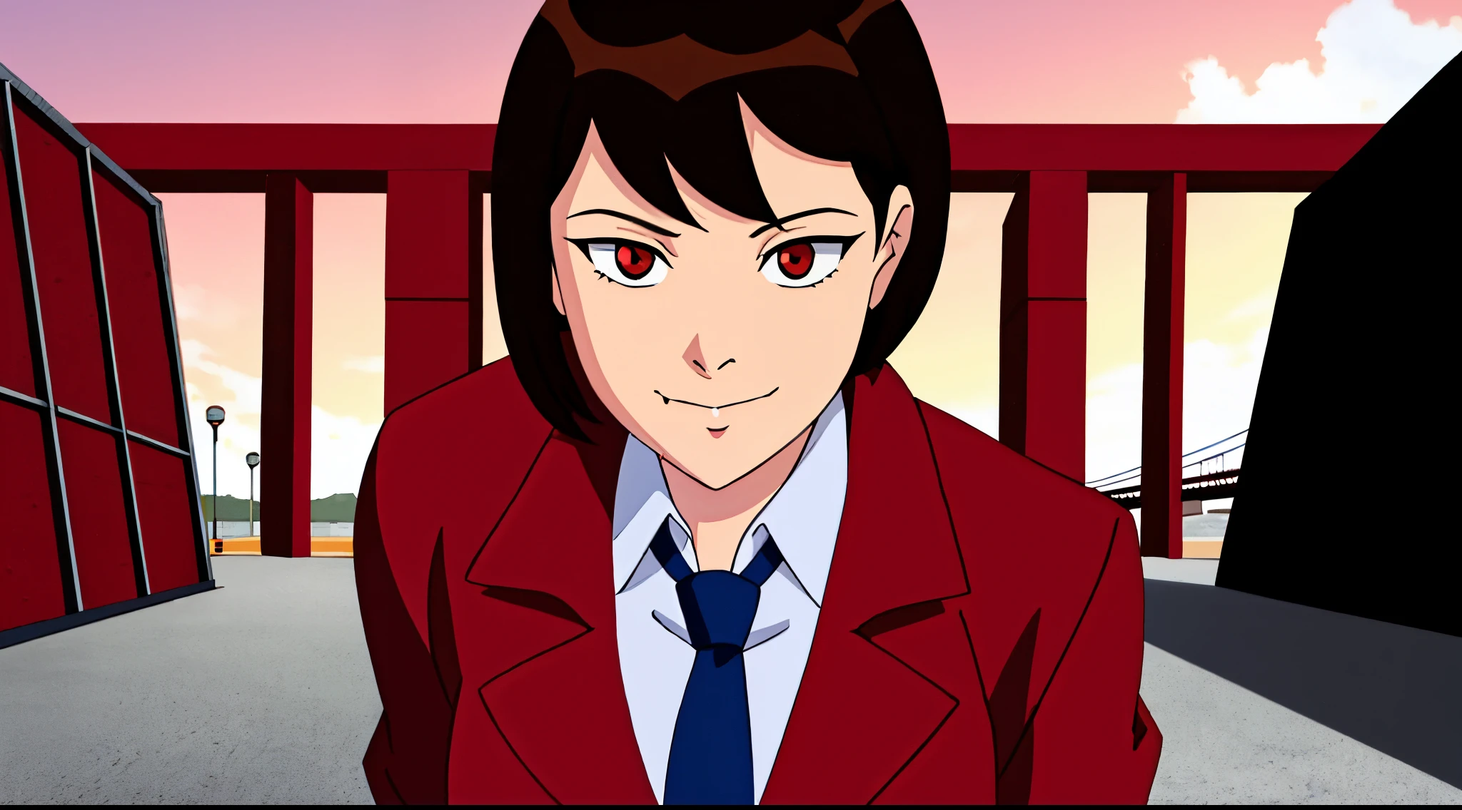 there is a girl in a red coat and tie standing in front of a bridge,Yasmin Paige , movie screencap , opening scene, peter, he has a smirky expression, he has short bob cut brown hair,  ben10,