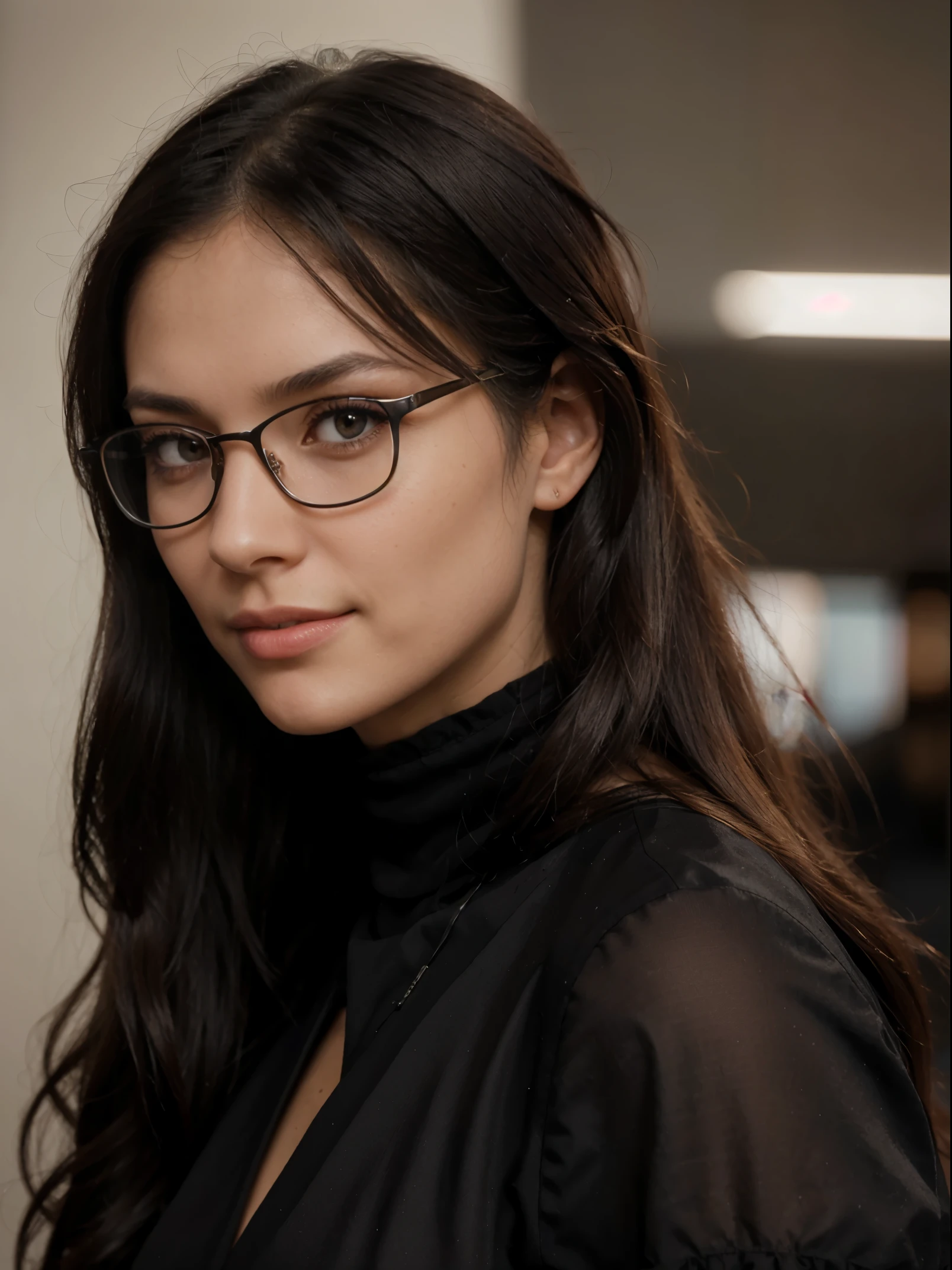 Close profile portrait, side view
Dark black long straight hair, elegant hair cut light brown eyes, a sexy caucasian skinny nerdy young girl with black glasses, goth makeup (complex details: 1.2), (highest quality: 1.4), (ultra high definition: 1.2), ultra high definition, (detailed eyes), (detailed facial features), HDR, 8k resolution, elegant orange dress, brown lipstick, amazing eyelashes, eyeliner lash line perfect, smiling, happy, portrait