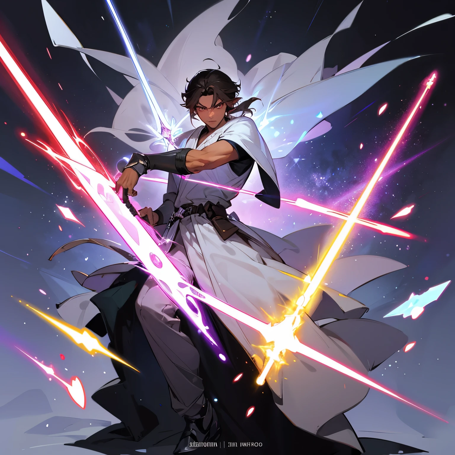 Dark hair,dark skin, manly,male, Jedi, silver lightsaber, full body, crystals, gems, magic,manhwa style,silver lightsaber, long ears