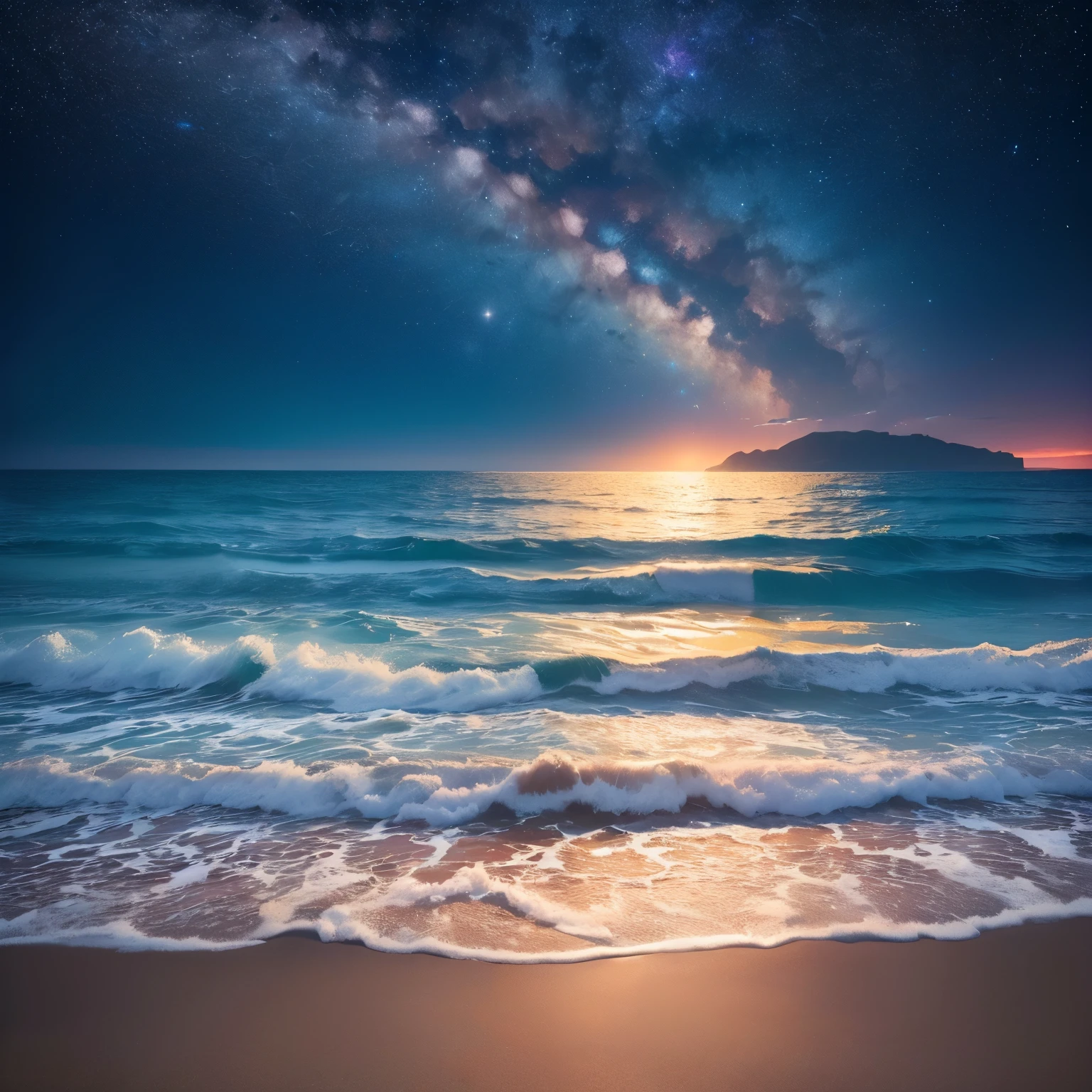 (best quality,highres,ultra-detailed,realistic:1.37),professional,vivid colors,bokeh,extreme detail,moonlit summer night by the beach,serene and calm waves,soft sandy shore,glistening stars above,the Milky Way shimmering