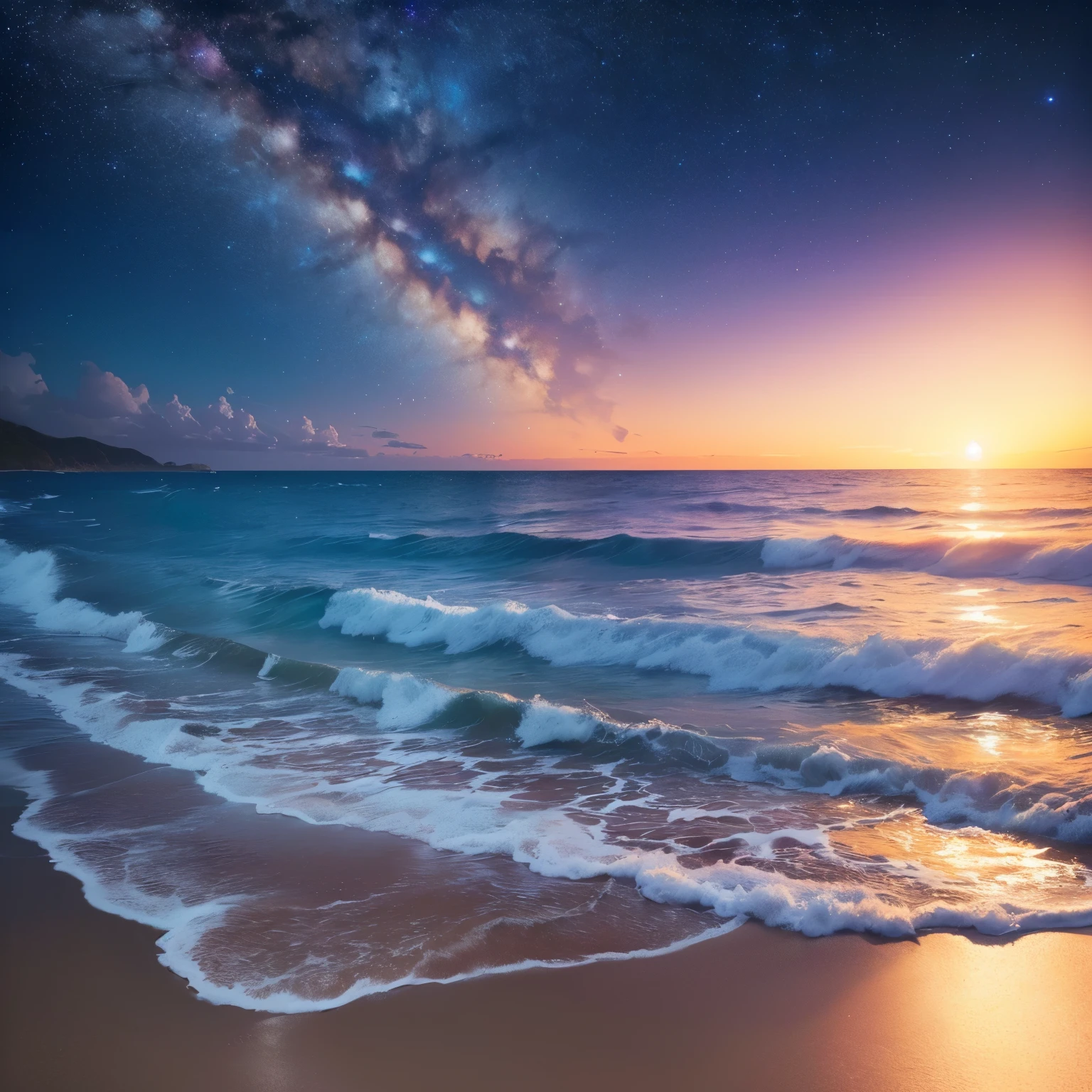 (best quality,highres,ultra-detailed,realistic:1.37),professional,vivid colors,bokeh,extreme detail,moonlit summer night by the beach,serene and calm waves,soft sandy shore,glistening stars above,the Milky Way shimmering