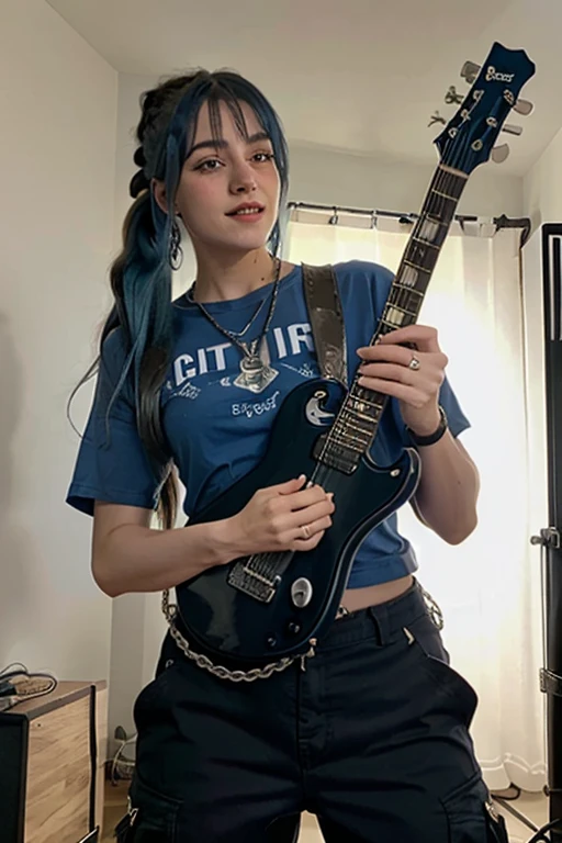 Premium Quality, Masterpiece, Ultra High Definition, (Photorealism: 1.4), RAW Photo, (Full Body Shot), Lovely Smiling Girl, ((Playing Electric Guitar on Live Stage)), (Woman Holds a Guitar electric), (dynamic pose), long hair, ((Full blue hair)), (twin tails), bangs, Cross pendant necklace, Earrings, (Elegant Rocker, Blue Lace Ruffles): 1.5, , Colorful lighting in alive, Focos, (tall woman), (woman is wearing an oversized blue t-shirt), (woman is wearing black cargo pants), (woman is wearing combat boots), (woman is wearing chains)