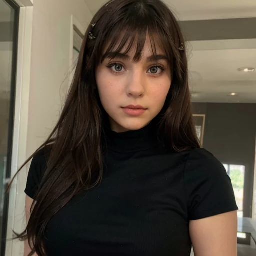 Palestinian ager girl with long brown hair and bangs and green eyes wearing makeup and wearing a black dress with short sleeves
