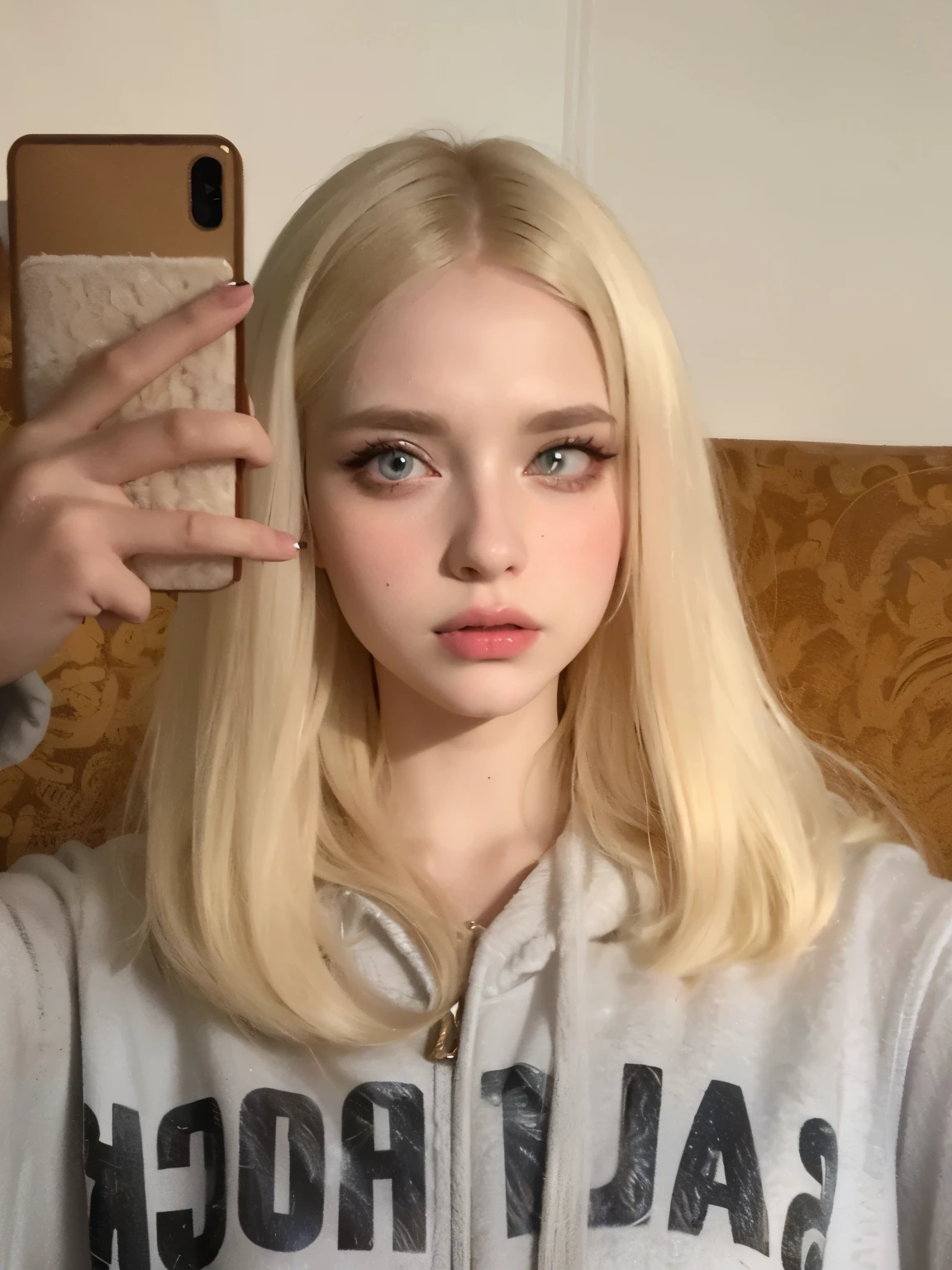blond woman with long hair taking a selfie in front of a mirror, her hair is white, very very pale blond hair, extremely pale blond hair, portrait of kim petras, pale hair, blonde hair and large eyes, ava max, perfect white haired girl, long blonde hair and big eyes, long blonde hair and large eyes, 18 years old