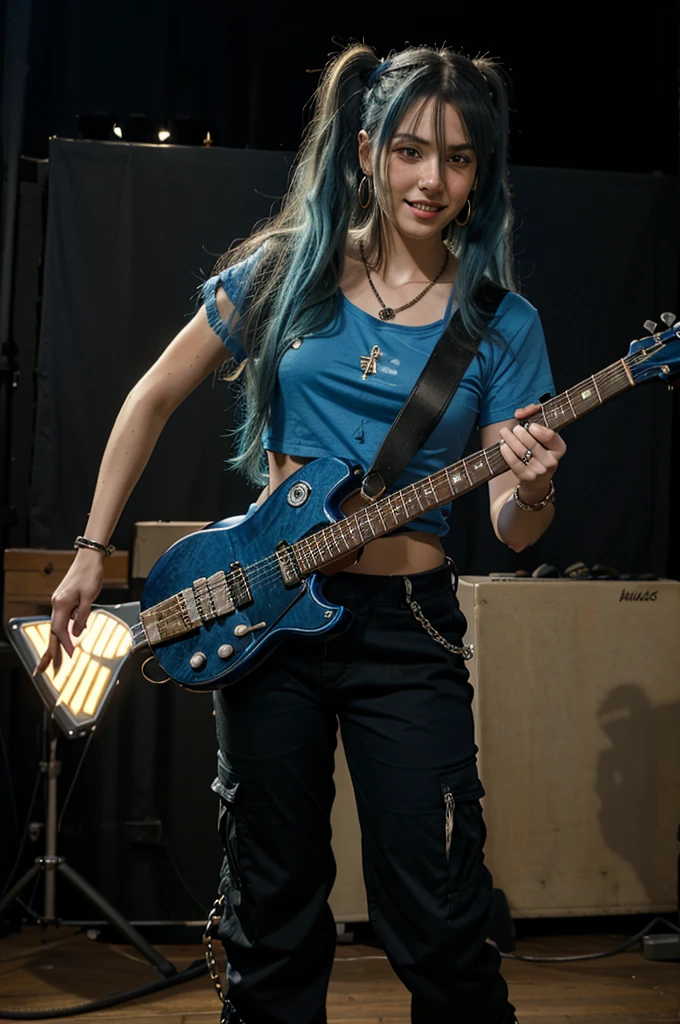 Premium Quality, Masterpiece, Ultra High Definition, (Photorealism: 1.4), RAW Photo, (Full Body Shot), Lovely Smiling Girl, ((Playing Electric Guitar on Live Stage)), (Woman Holds a Guitar electric), (dynamic pose), long hair, ((Full blue hair)), (twin tails), bangs, Cross pendant necklace, Earrings, (Elegant Rocker, Blue Lace Ruffles): 1.5, , Colorful lighting in alive, Focos, (tall woman), (woman is wearing an oversized blue t-shirt), (woman is wearing black cargo pants), (woman is wearing combat boots), (woman is wearing chains)