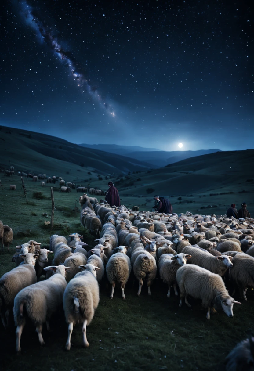 “realistic  shepherds watching over the herd of sheep, night sky,, sharp, detailed scene,   photograph,   shallow depth of field, haze,  night sky with star of bethlehem above, volumetric lighting, photo taken with provia, 24mm, f1.8,david lazar,