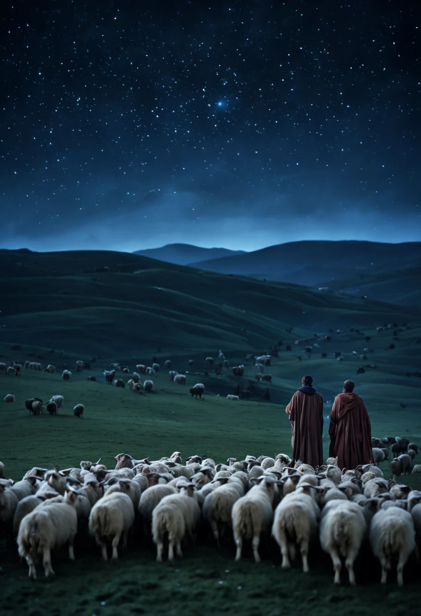 “realistic shepherds watching over the herd of sheep, night sky,, sharp, detailed scene, photograph, shallow depth of field, haze, night sky with star of bethlehem above, volumetric lighting, photo taken with provia, 24mm, f1.8,david lazar,