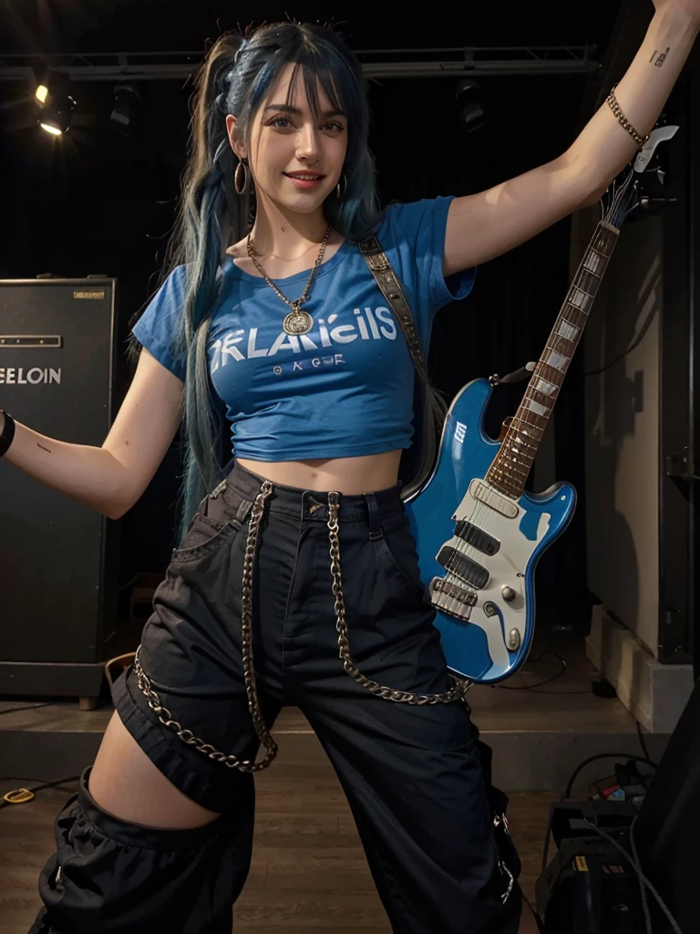 Premium Quality, Masterpiece, Ultra High Definition, (Photorealism: 1.4), RAW Photo, (Full Body Shot), Lovely Smiling Girl, ((Playing Electric Guitar on Live Stage)), (Woman Holds a Guitar electric), (dynamic pose), long hair, ((Full blue hair)), (twin tails), bangs, Cross pendant necklace, Earrings, (Elegant Rocker, Blue Lace Ruffles): 1.5, , Colorful lighting in alive, Focos, (tall woman), (woman is wearing an oversized blue t-shirt), (woman is wearing black cargo pants), (woman is wearing combat boots), (woman is wearing chains)